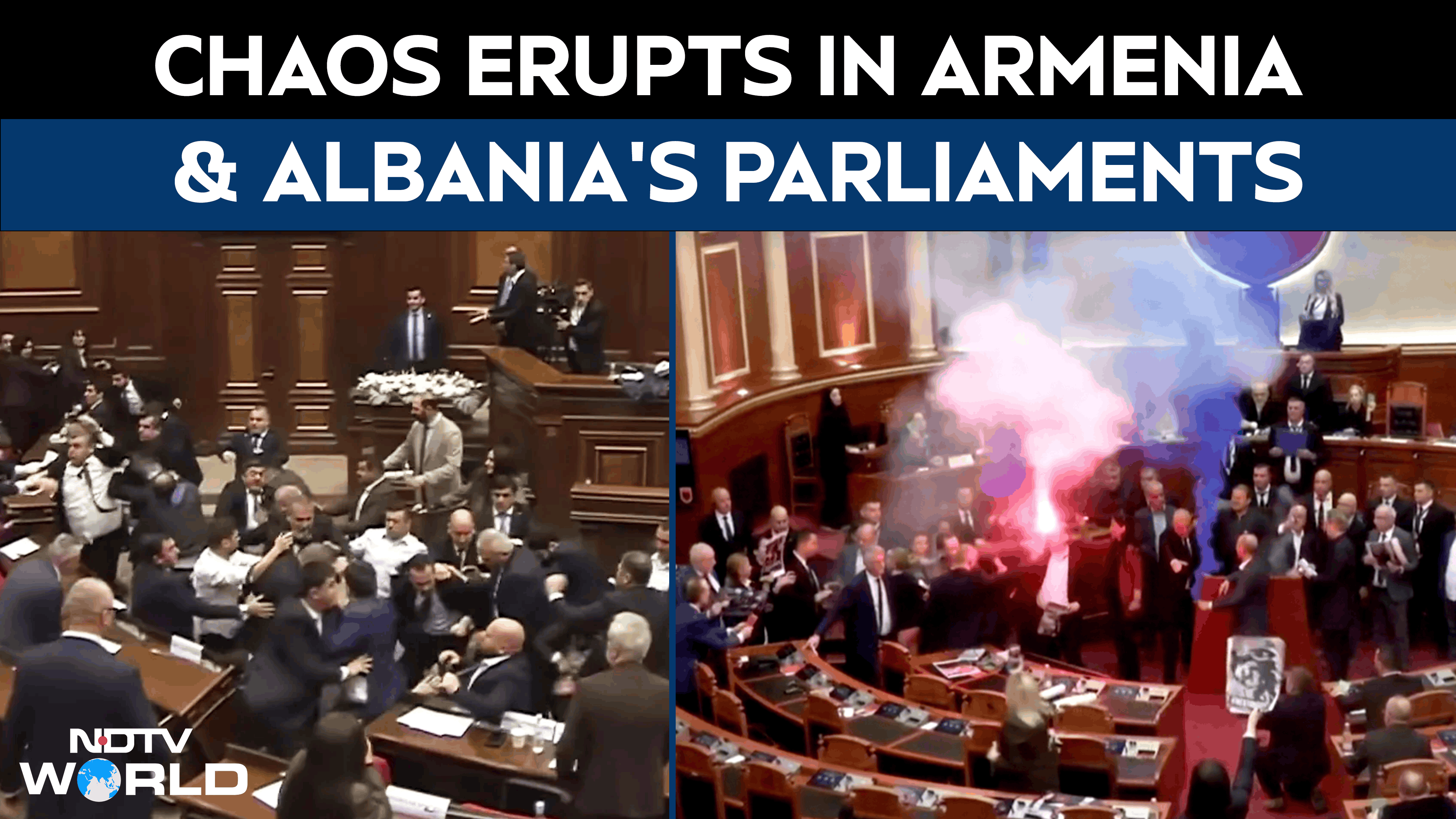 Parliament Chaos In Armenia, Albania: MPs Throw Punches, Opposition Fires Flares