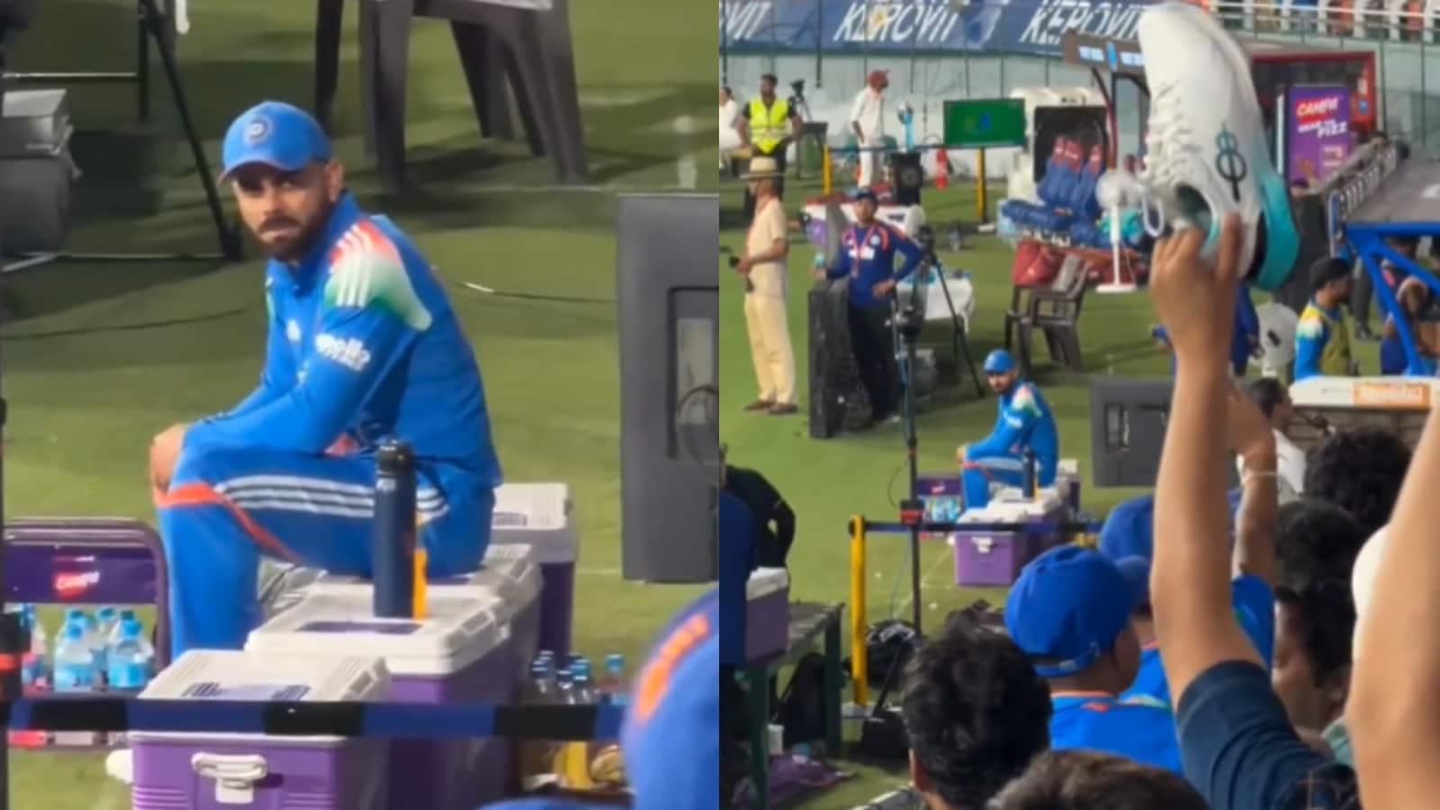 Virat Kohli reacts as fan displays One8 shoes during India vs West Indies ODI