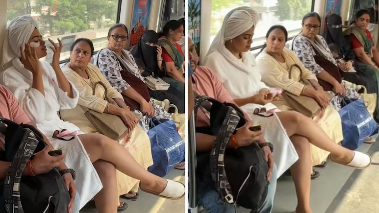 लड़की ने मेट्रो को बना दिया स्पा, बाथरोब पहने अंडर-आई पैच लगाती नजर आई 'Spa Queen'