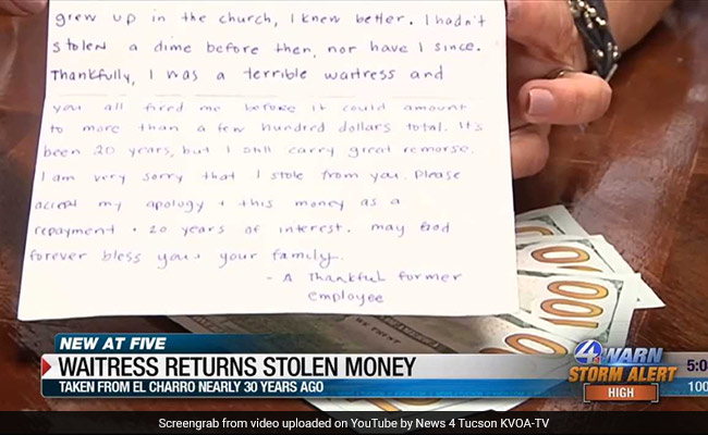 Former Waitress Stole From Restaurant Decades Ago, Sends Apology, $1,000