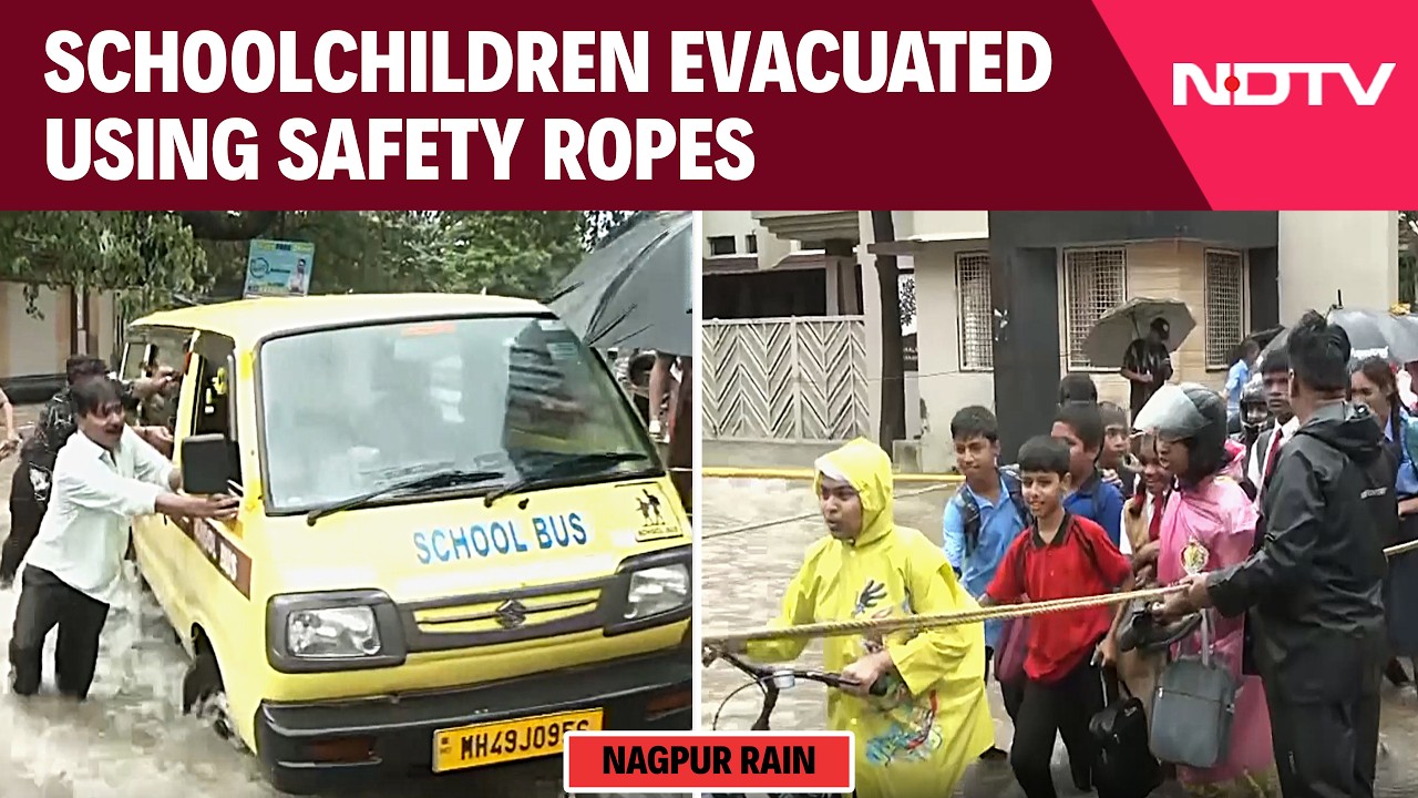 Nagpur Rain | Dramatic Visuals Show Schoolchildren Being Evacuated With Safety Ropes In Nagpur