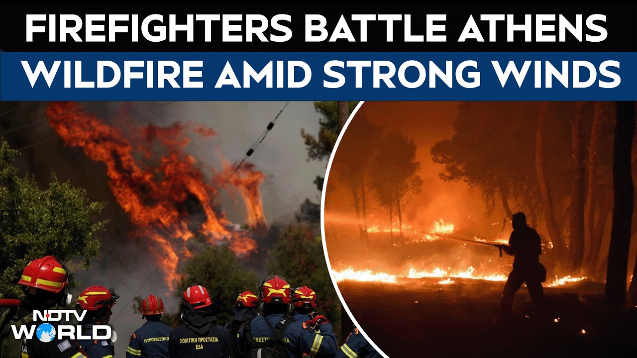 Firefighters Battle Wildfire West of Athens as Strong Winds Fuel Flames