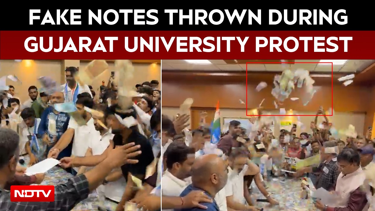 Gujarat News | Fake Currency Notes Thrown at Gujarat University VC Office During Youth Cong Protest