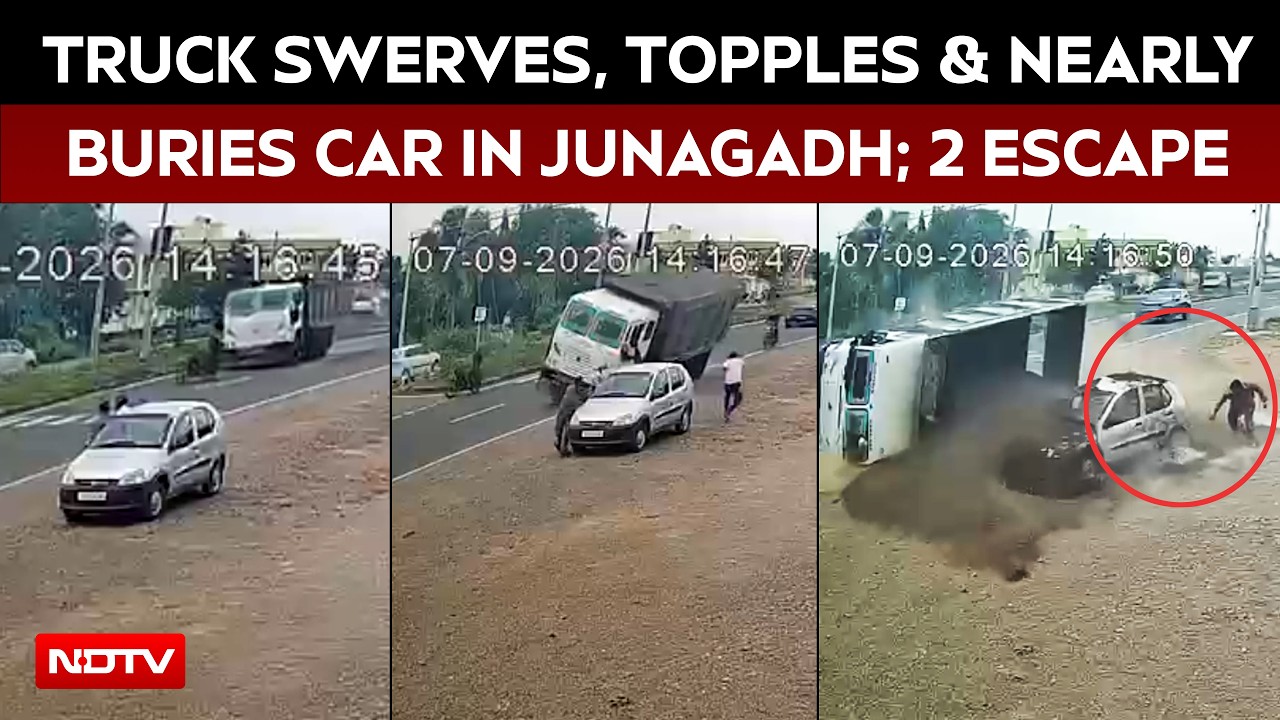 Truck Swerves, Topples And Nearly Buries Car In Junagadh; 2 Escape
