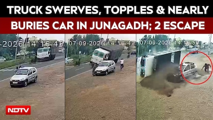 Truck Swerves, Topples And Nearly Buries Car In Junagadh; 2 Escape