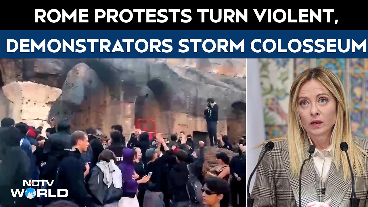 Rome Protest | Clashes Erupt In Rome As Protesters Storm Colosseum, Wave Palestinian Flags
