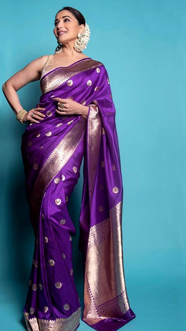 Madhuri in purple silk saree