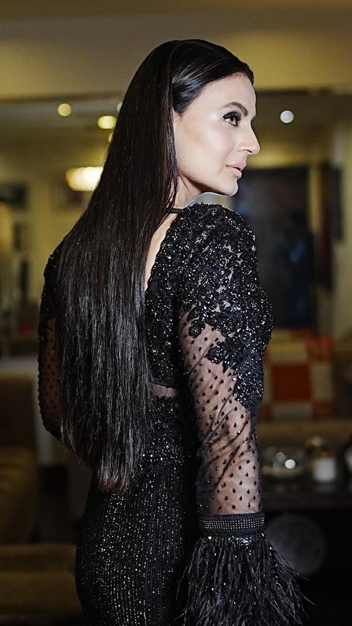 amisha patel black dress For <i>Gadar 2</i> Success Party, Ameesha Patel In A Bewitching Black Gown With A Slit Is A Sight To Behold