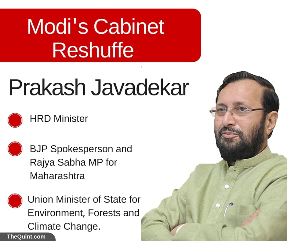 On Tuesday, Prakash Javadekar was elevated to the post of Human Resource Development (HRD) minister. (Photo: <b>The Quint)</b>