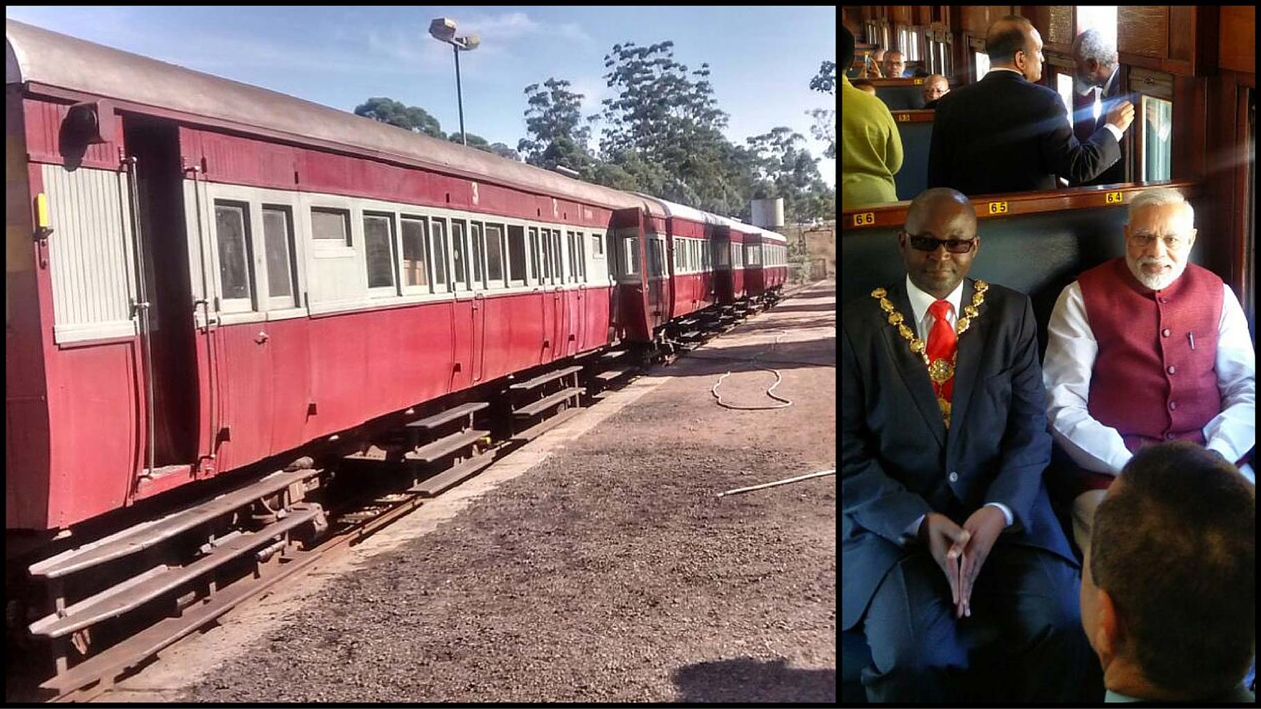Prime Minister Narendra Modi on the train journey from Pentrich to Pietermaritzburg with South African President Jacob Zuma on Saturday, 9 July 2016. (Photo: <b>The Quint</b>)