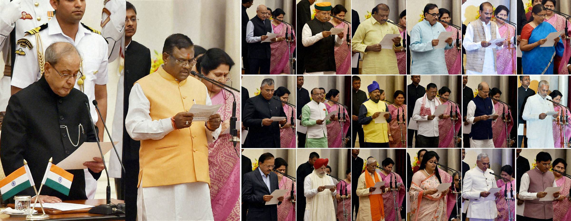 President Pranab Mukherjee administers oath to new Ministers of State at the swearing-in ceremony at Rashtrapati Bhavan in New Delhi on Tuesday. (Photo: PTI)