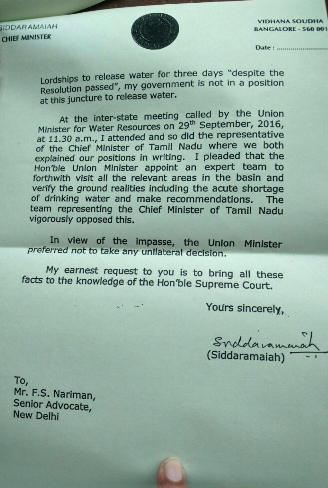 Karnataka Chief Minister's Letter To Senior Advocate Fali Nariman