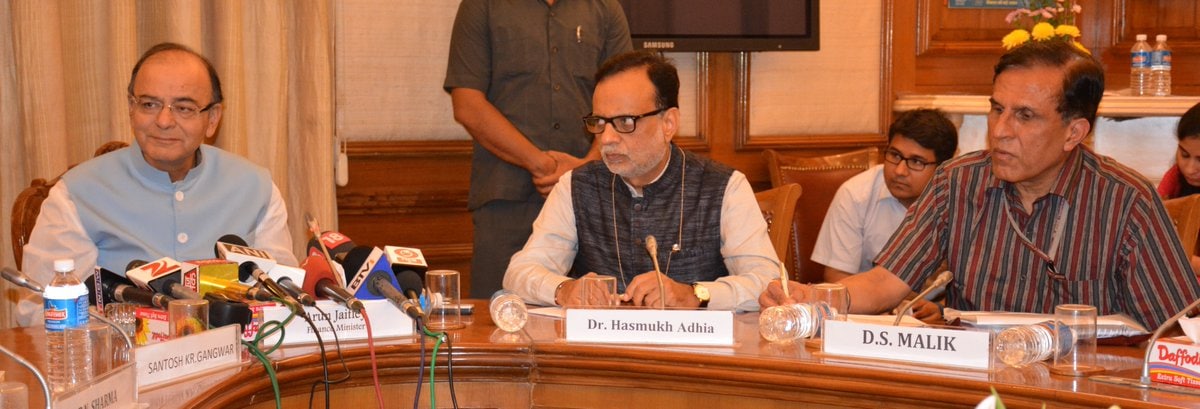 Finance Minister Arun Jaitley briefing reporters after the GST Council meet while Revenue Secretary Hasmukh Adhia looks on. (Source: Ministry of Finance)