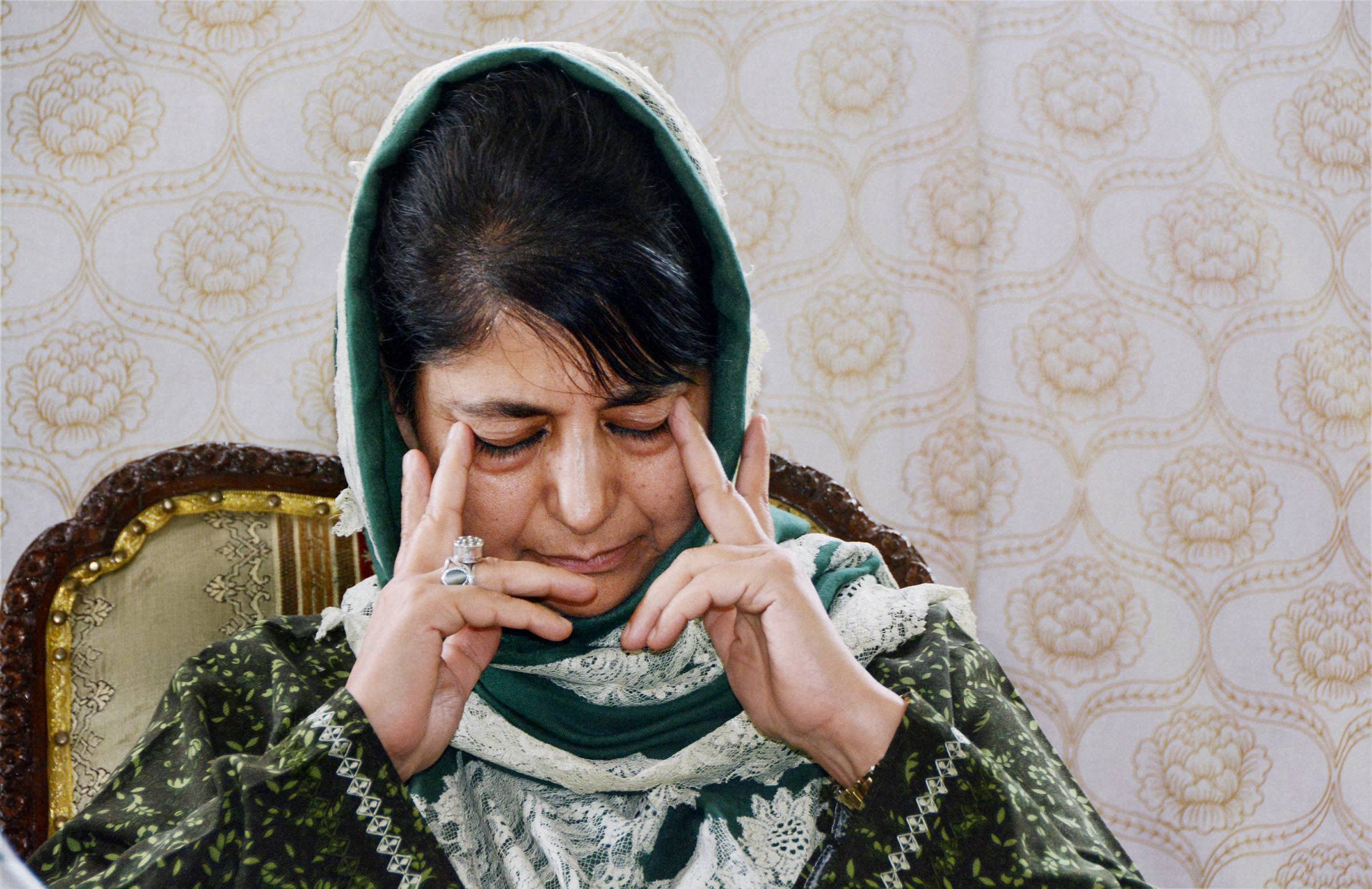 Then Jammu and Kashmir Chief Minister Mehbooba Mufti reacts at a press conference in Srinagar. (Photograph: PTI)