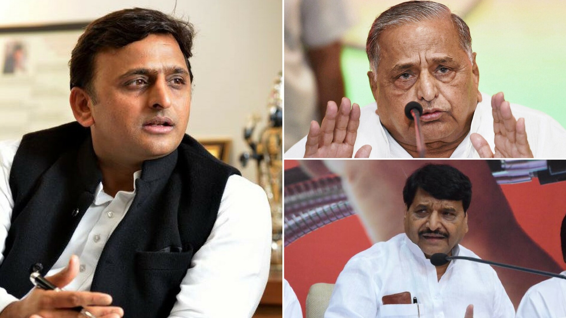 (Clockwise) Uttar Pradesh CM Akhilesh Yadav (left), Samajwadi supremo Mulayam Singh Yadav, and Shivpal Yadav.