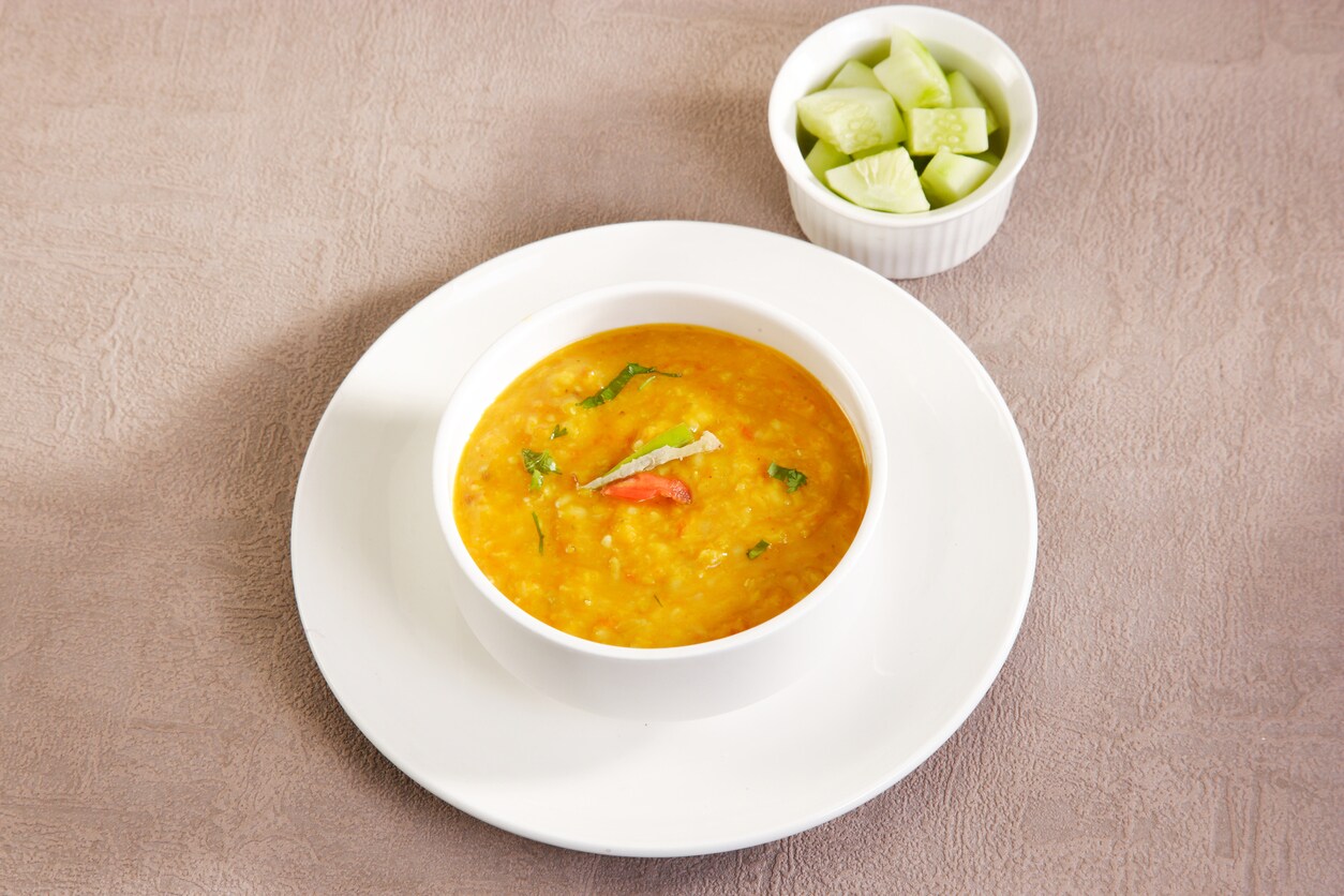 Khichdi is best paired with papads, pickle and curd.