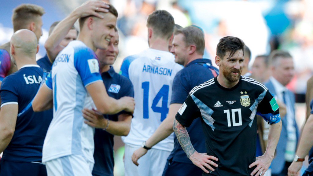 Argentina's Lionel Messi (right) stands near the Iceland players at the end of the group D match at the Spartak Stadium in Moscow on June 16, 2018. (Photograph: AP/PTI)