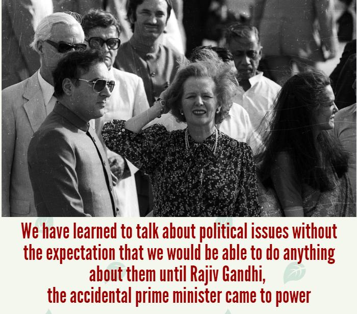 British Prime Minister Margaret Thatcher being welcomed at Delhi's International Airport by Indian Prime Minister Rajiv Gandhi, April 13, 1985.