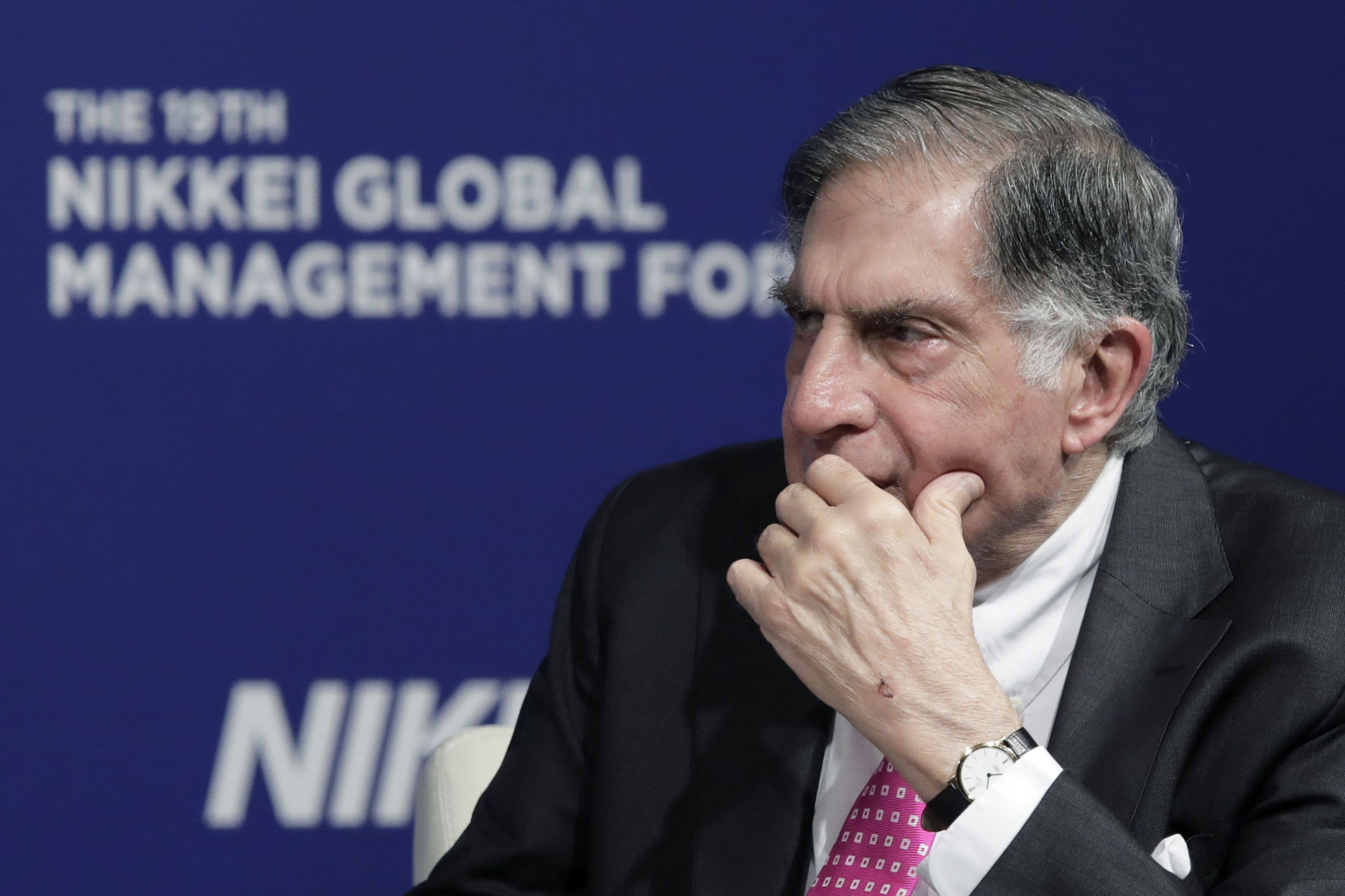 Ratan Tata, chairman emeritus of Tata Sons Ltd., pauses during a forum in Tokyo. (Photographer: Kiyoshi Ota/Bloomberg)