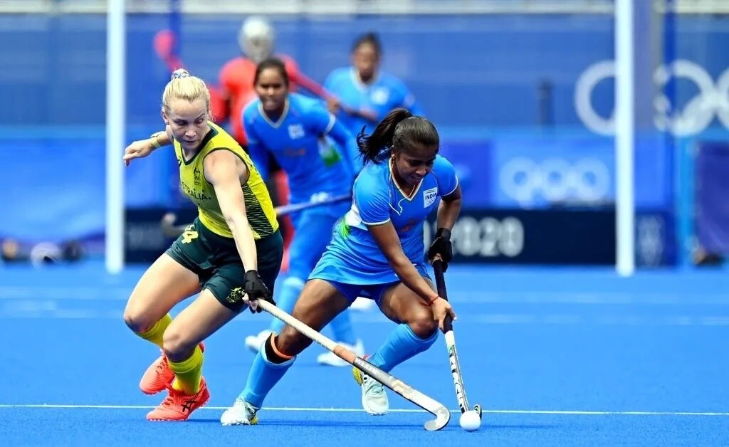 India hockey midfielder Neha Goyal, in the Olympics quarterfinal against Australia, in Tokyo, on Aug. 2, 2021. (Photograph: Hockey India)
