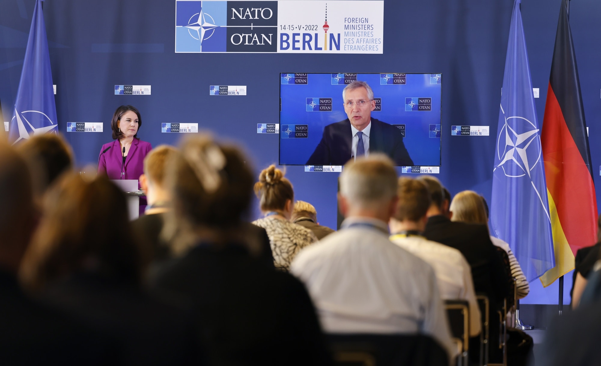 Annalena Baerbock, left, and Jens Stoltenberg speak in Berlin, on May 15.Photographer: Hannibal Hanschke/Getty Images