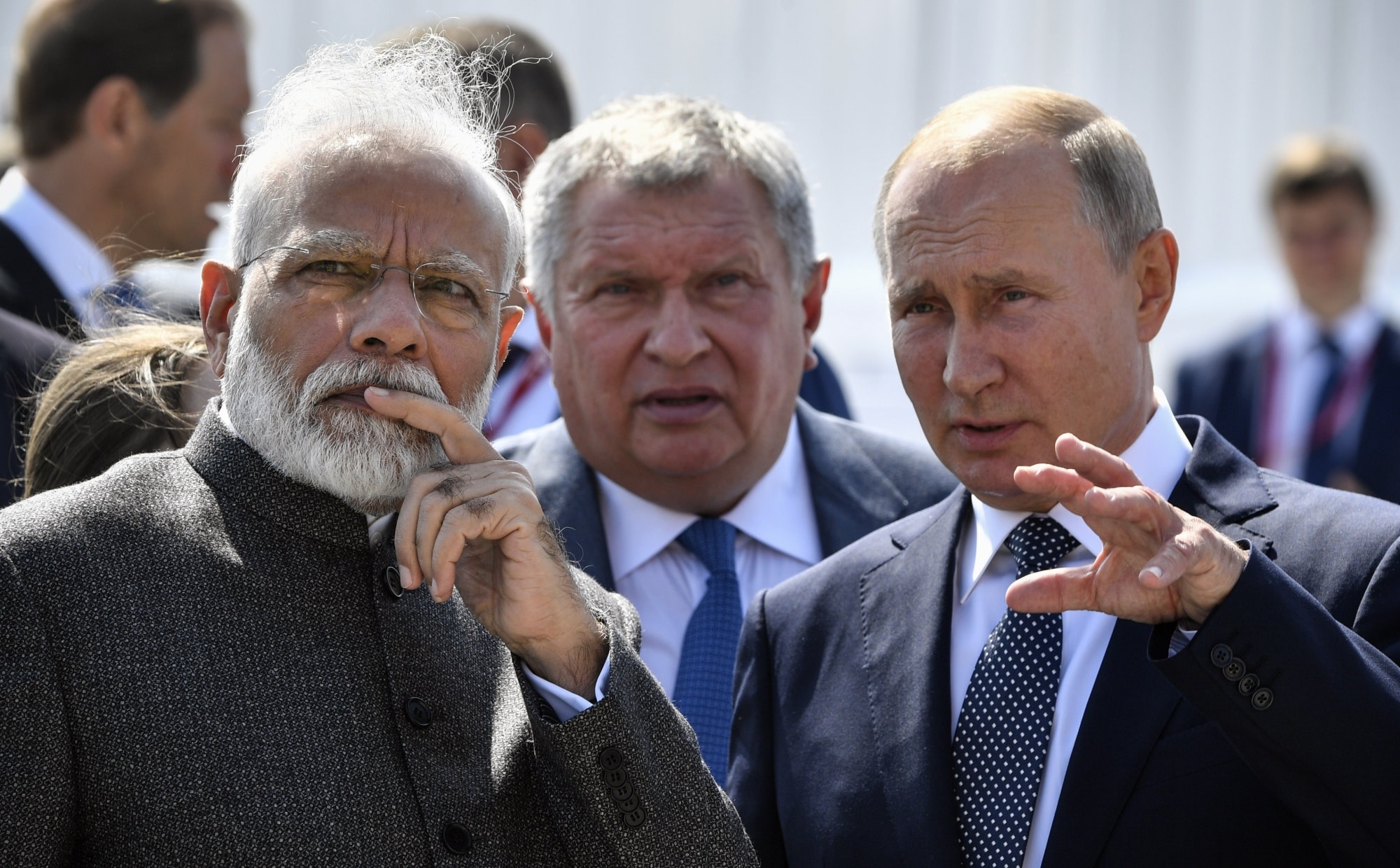 Putin speaks with India's Prime Minister Narendra Modi during a visit to the far-eastern Russian port of Vladivostok in 2019.Photographer: Alexander Nemenov/AFP/Getty Images