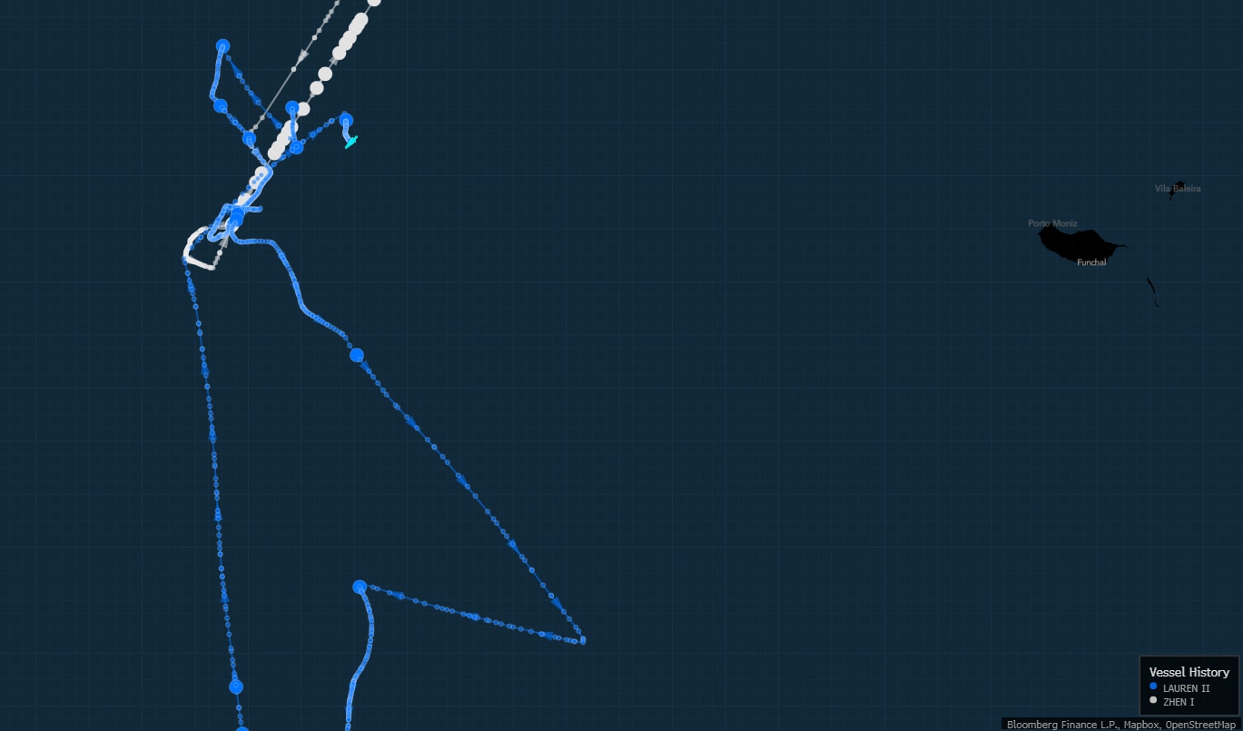 Ship-to-ship transfer of Russian crude in the mid-Atlantic, May 26-27