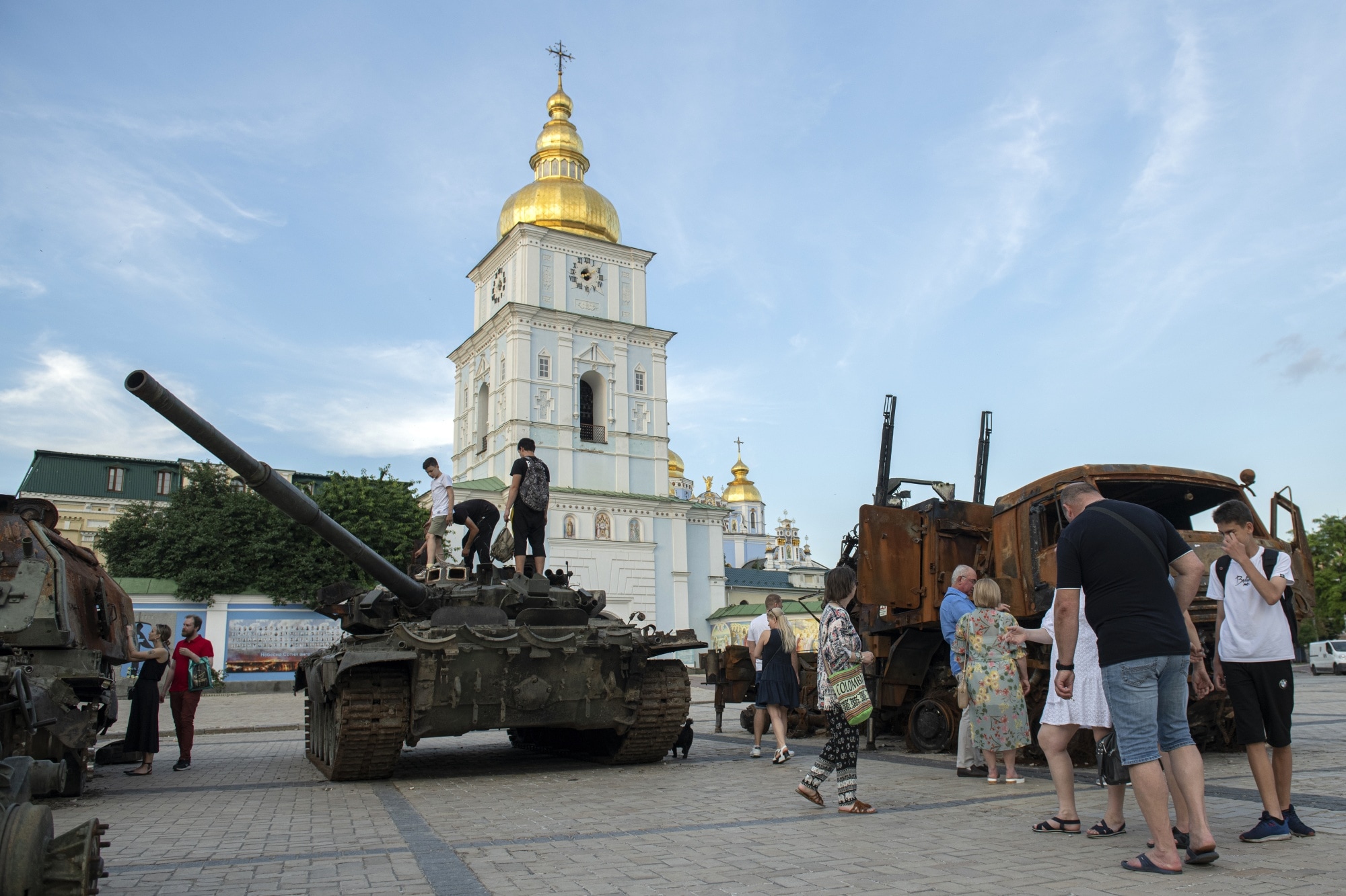 A destroyed Russian tank and other military equipment displayed at St. Michael's Square in Kyiv, Ukraine, on June 27.Photographer: Andrew Kravchenko/Bloomberg