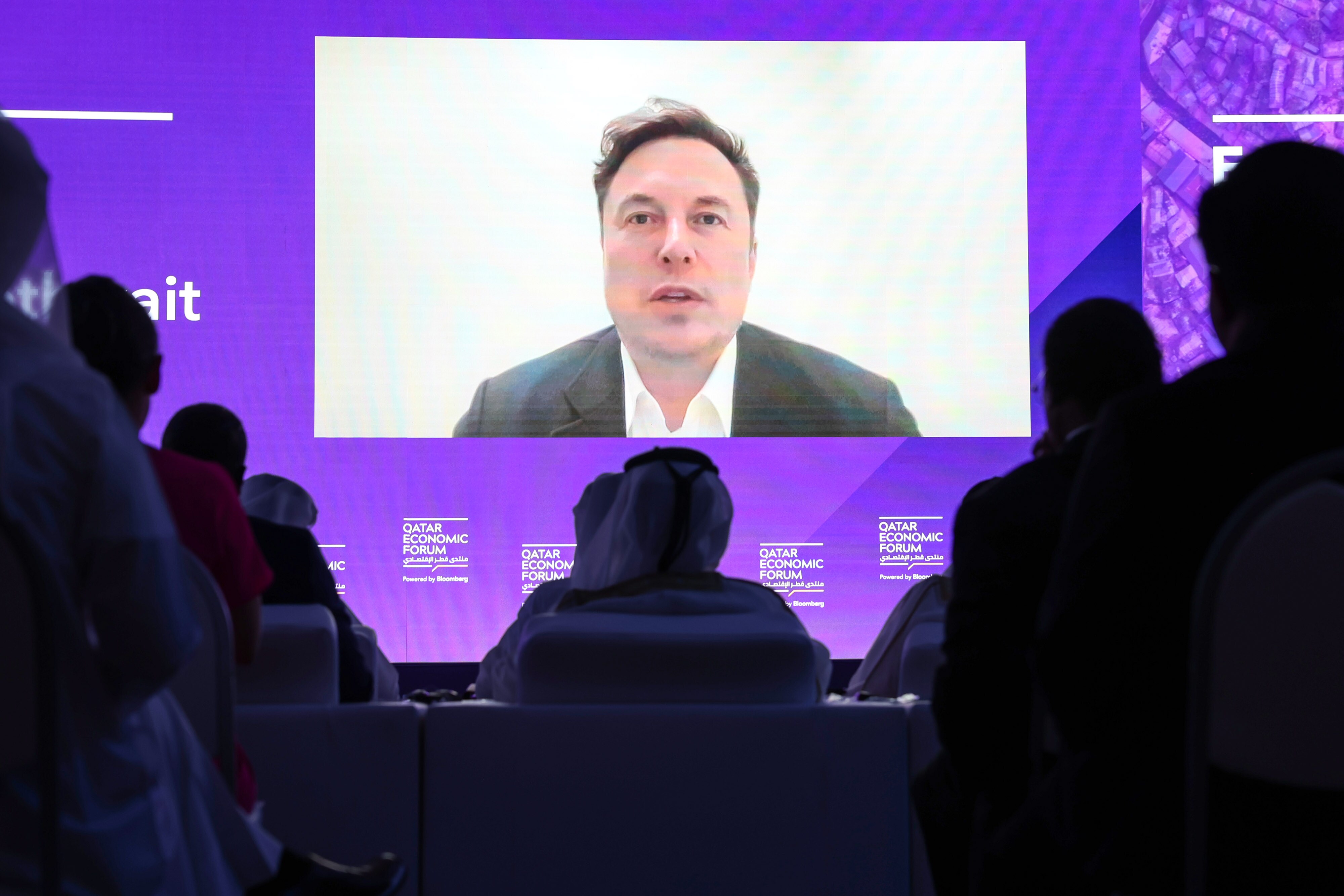 Elon Musk speaks via video link during the Qatar Economic Forum in Doha, on June 21.Photographer: Christopher Pike/Bloomberg