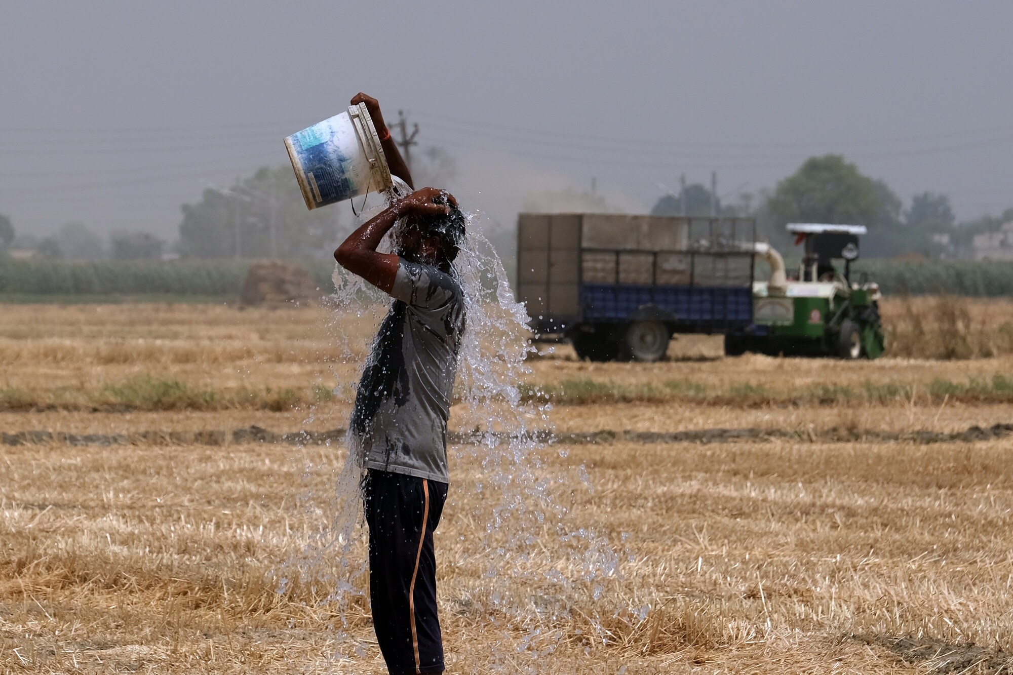 A farmer tries to cool down on a wheat farm in the Ludhiana district of Punjab.Photographer: T. Narayan/Bloomberg
