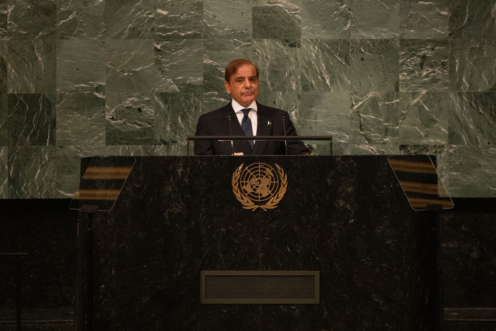 Muhammad Shehbaz Sharif, Pakistan's prime minister, speaks during the United Nations General Assembly in New York on Sept. 23, 2022. Photographer: Jeenah Moon/Bloomberg