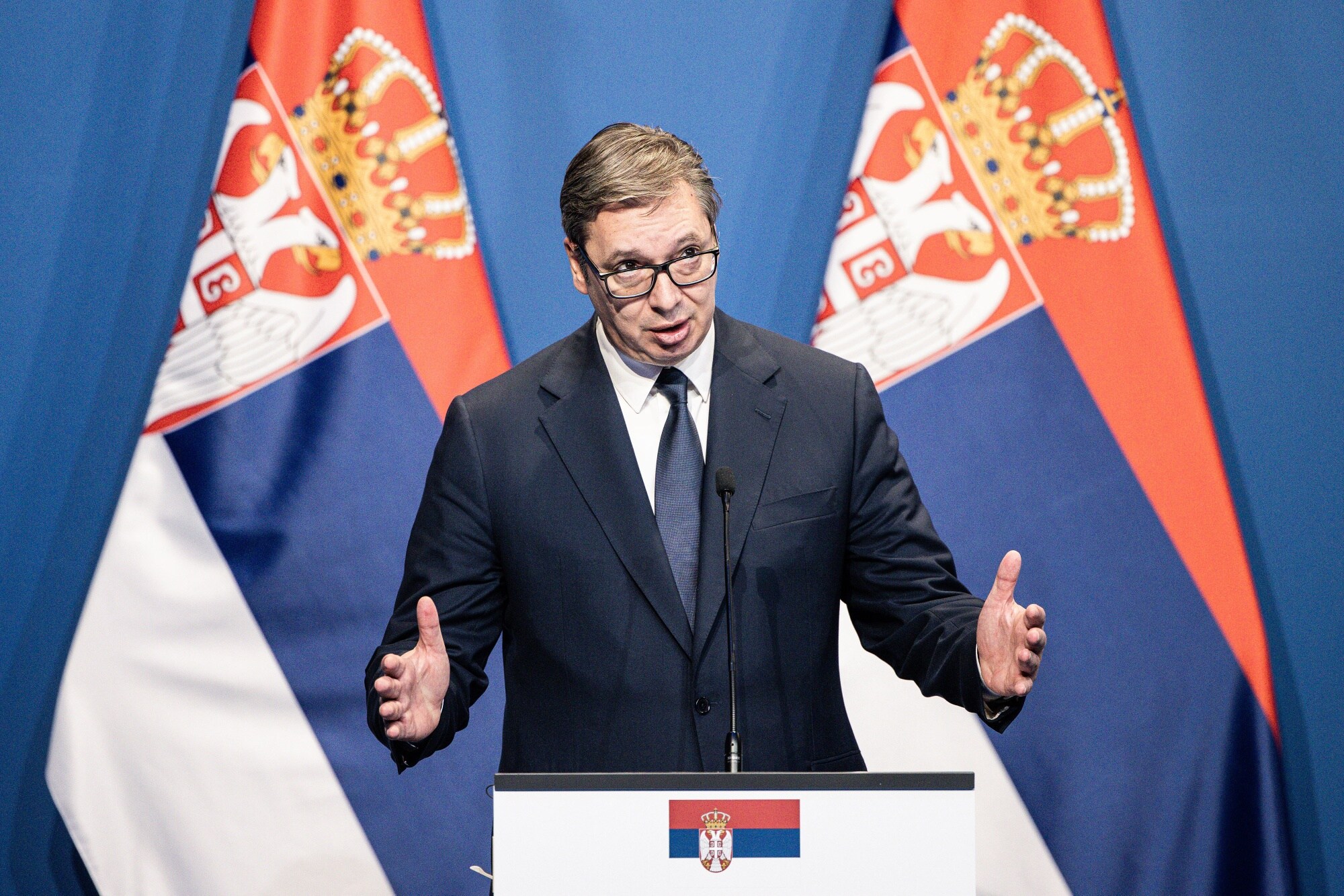 Aleksandar Vucic during a news conference in Budapest on a visit to neighboring Hungary on Oct. 3.Photographer: Akos Stiller/Bloomberg