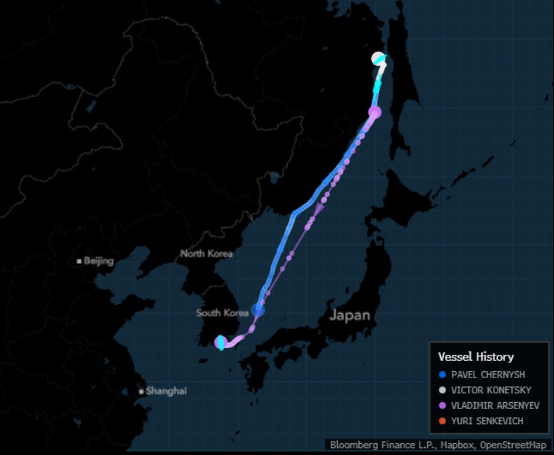 Two tankers sail to Yeosu after loading Russian oil at De-Kastri terminal, while another two are either sailing to, or anchored at the terminal.Source: Bloomberg