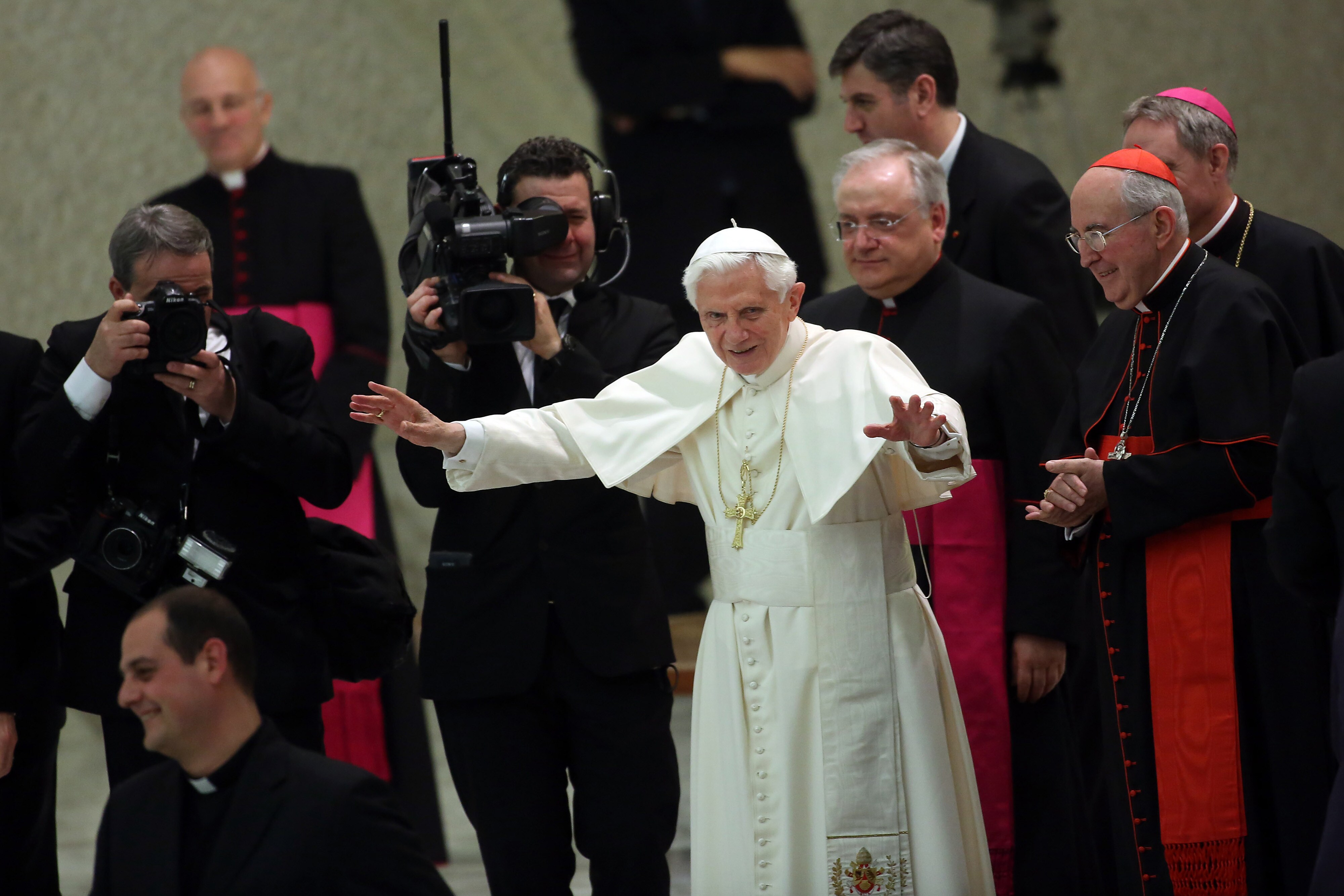 Pope Benedict XVI attends a meeting with parish priests of Rome's diocese in 2013.Photographer: Franco Origlia/Getty Images