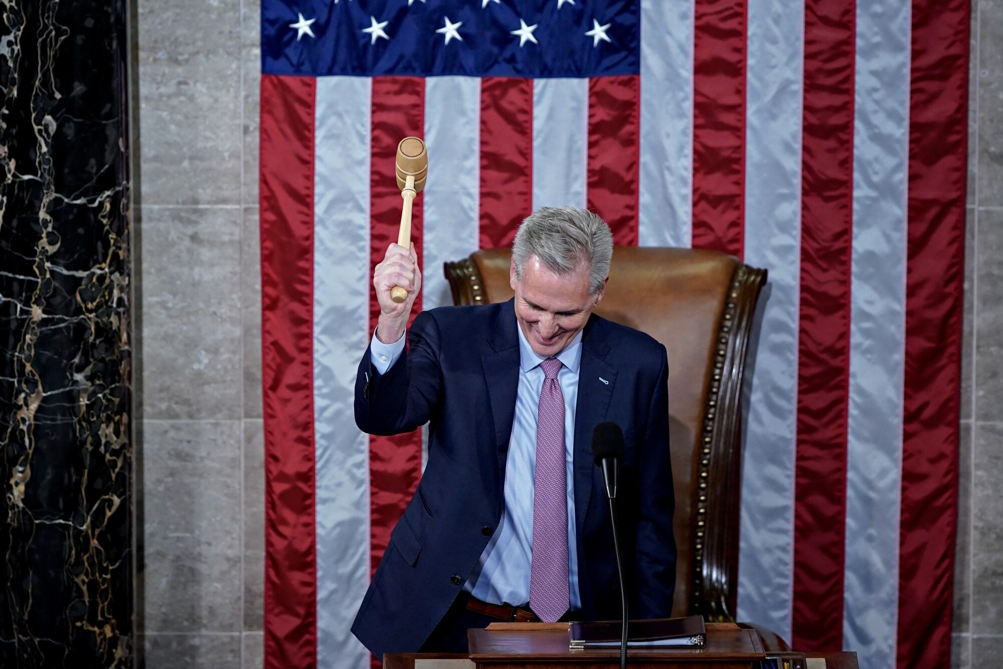 Kevin McCarthy holds the Speaker's gavel after becoming House speaker during a meeting of the 118th Congress in the House Chamber at the US Capitol on Jan. 7.Photographer: Al Drago/Bloomberg