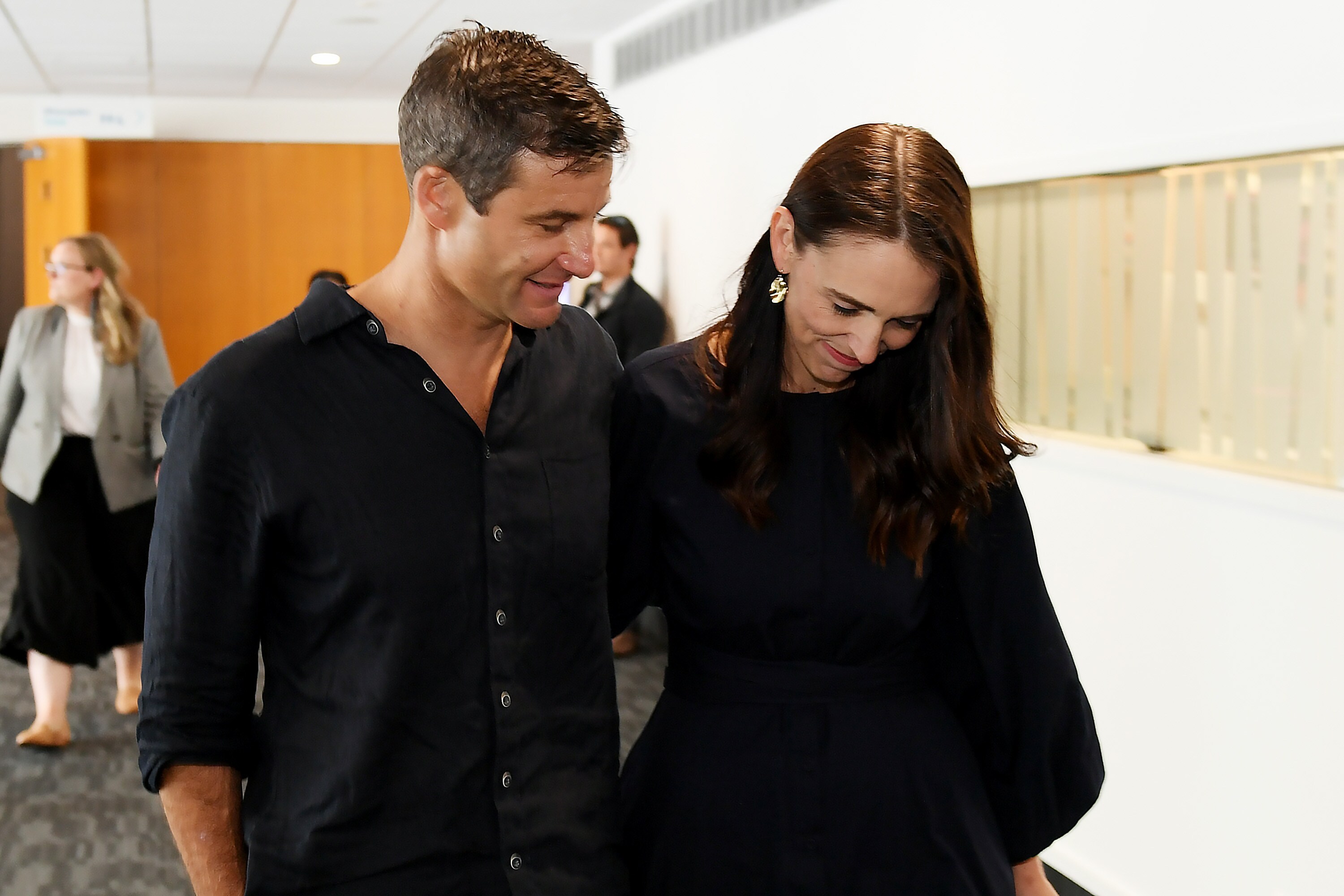 Jacinda Ardern and Clarke Gayford depart a news conference in Napier, New Zealand, on Jan. 19.Photographer:Kerry Marshall/Getty Images