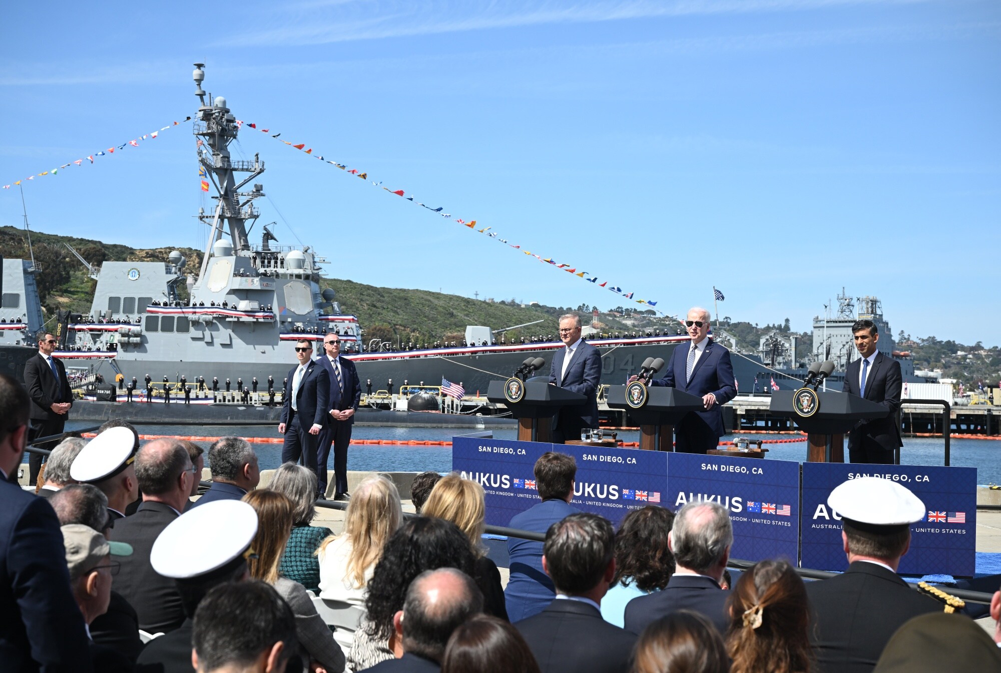 Anthony Albanese, Joe Biden and Rishi Sunak hold a press conference in San Diego on March 13.Photographer: by Leon Neal/Getty Images