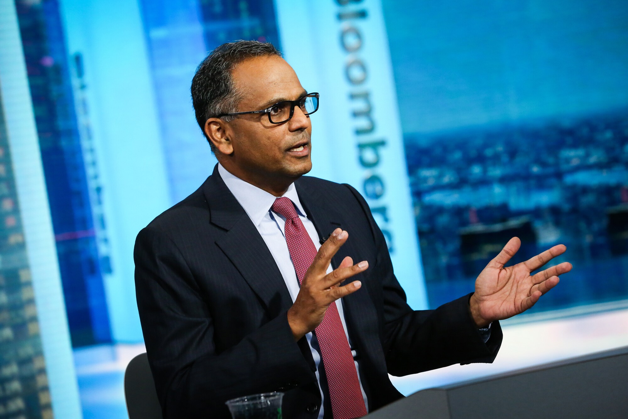 Rajiv Jain, chairman and chief investment officer of GQG Partners LLC, speaks during a Bloomberg Television interview in New York, U.S., on Tuesday, Nov. 14, 2017.Photographer: Christopher Goodney/Bloomberg