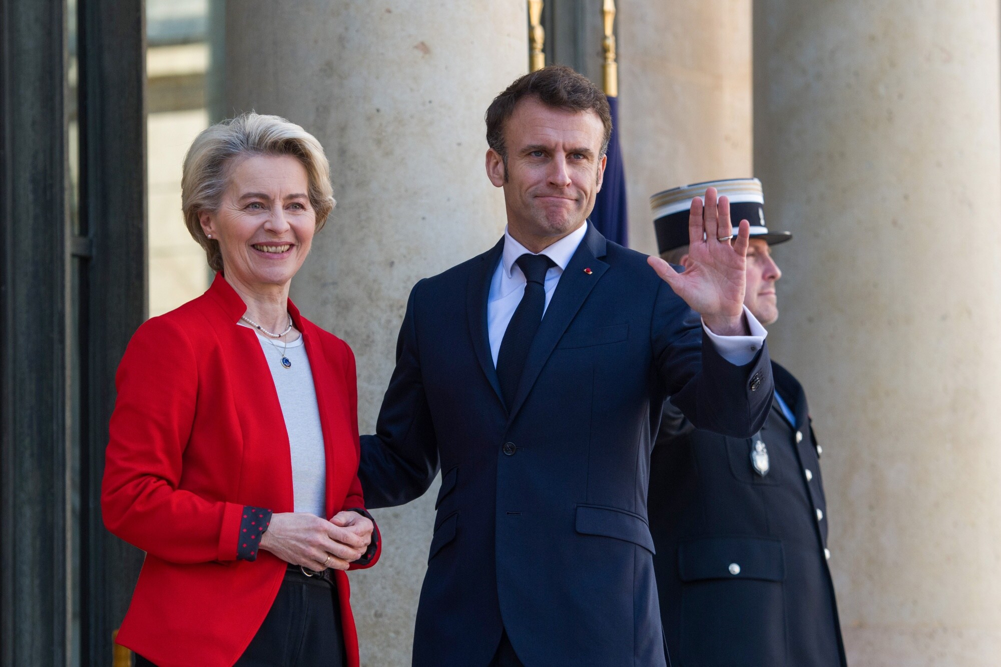 Emmanuel Macron and Ursula von der Leyen in Paris on April 3.Photographer: Nathan Laine/Bloomberg