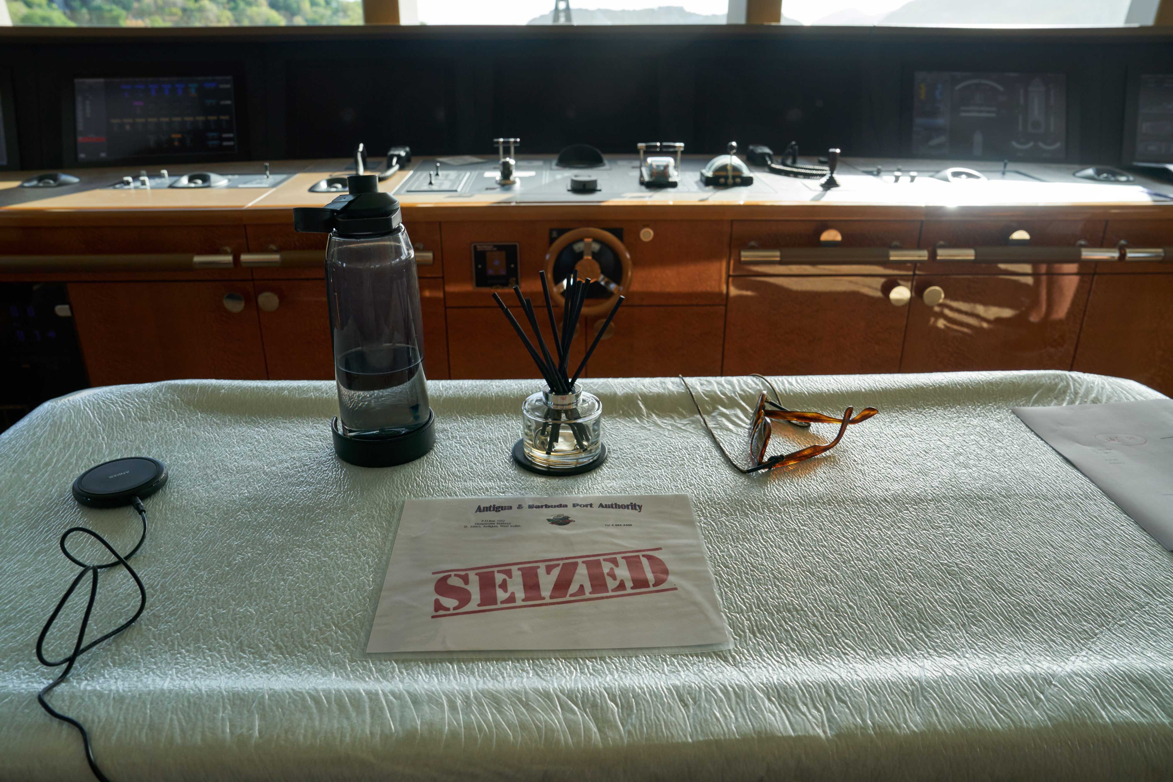 Antigua and Barbuda Port Authority “Seized” sign on the bridge of the . Photographer: Bing Guan/Bloomberg