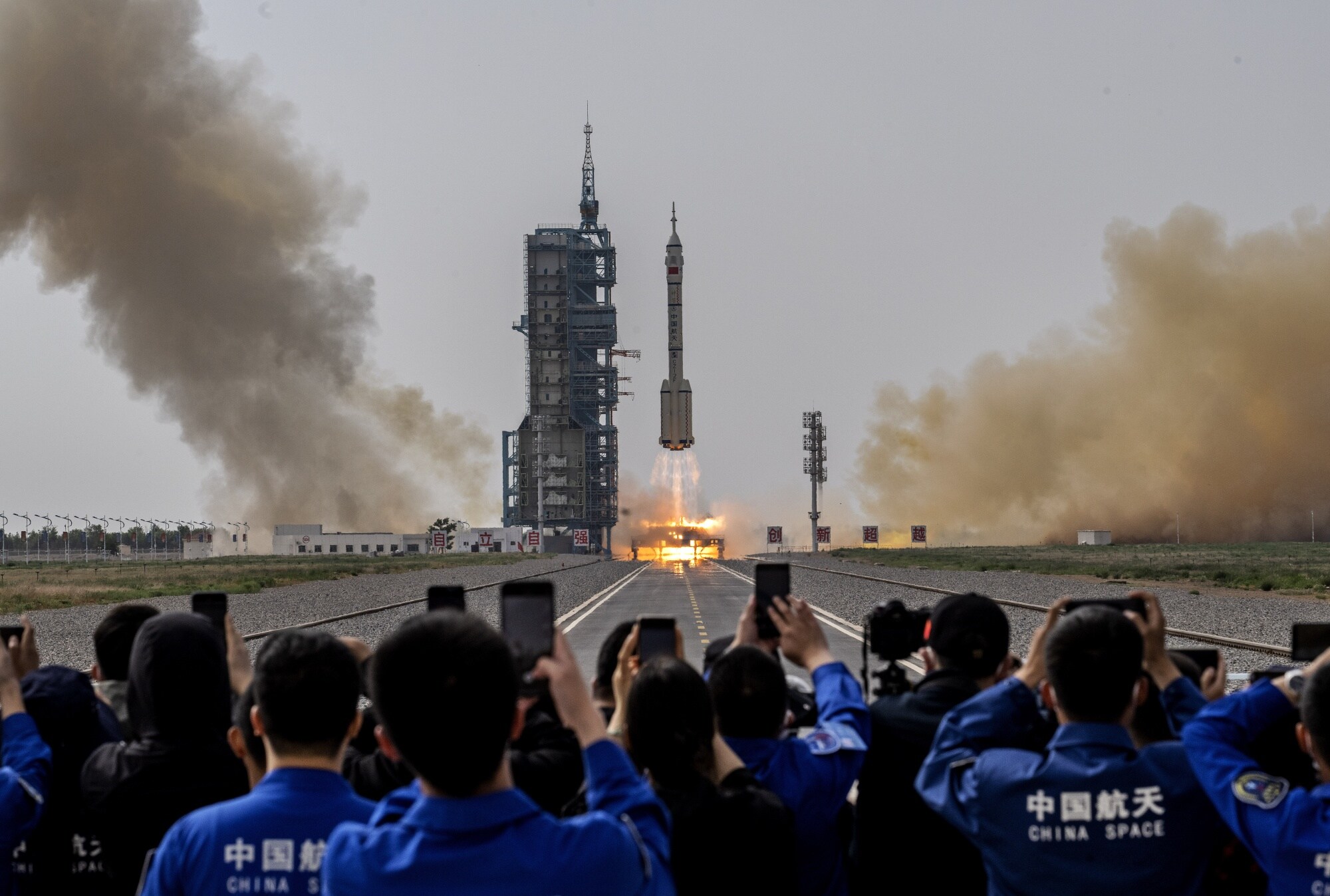 The Shenzhou-16 spacecraft onboard the Long March-2F rocket launches on May 30.Photographer: Kevin Frayer/Getty Images