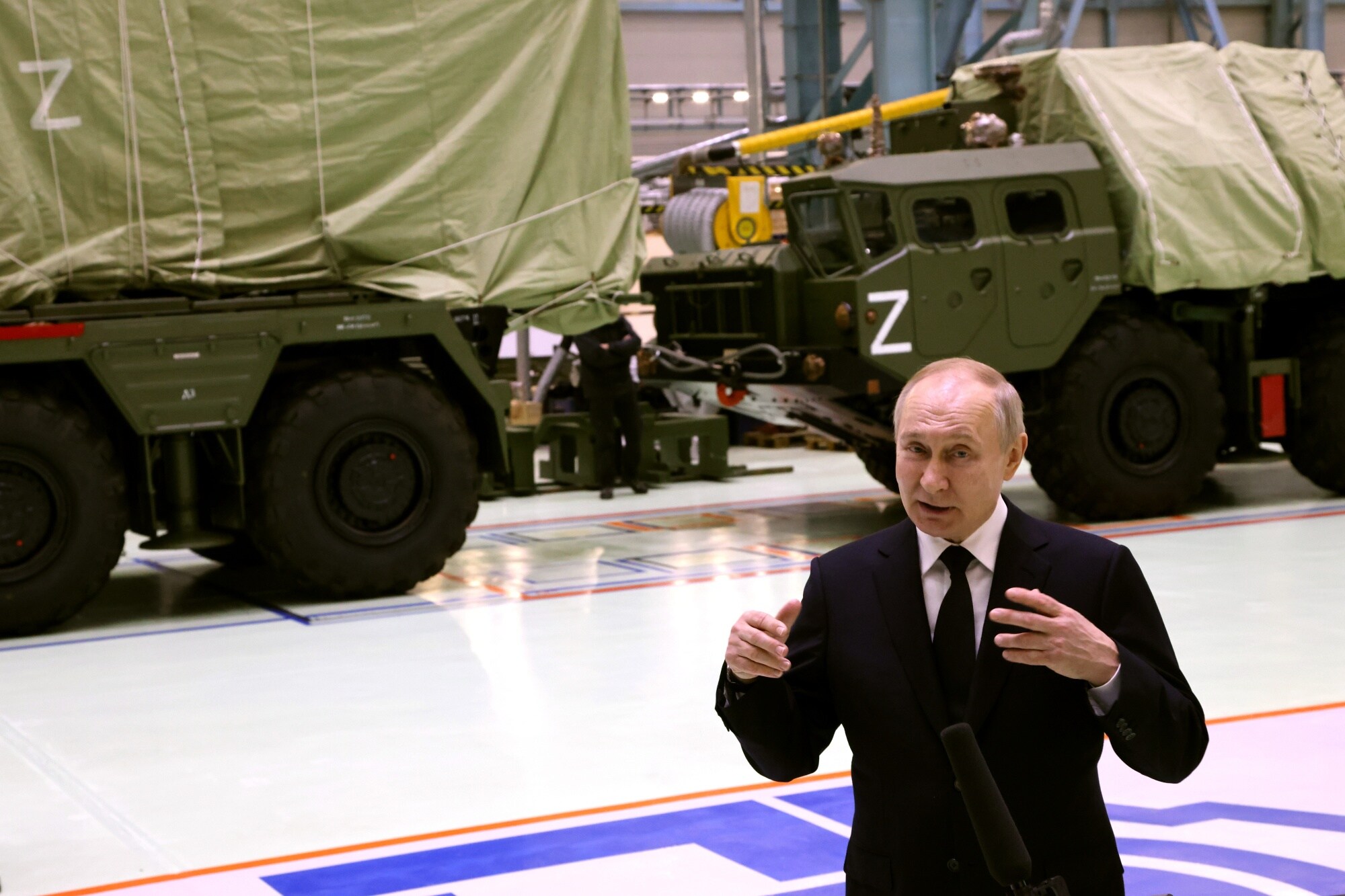 Putin meets with workers at the Obukhov State Plant in Saint Petersburg in January.Source: Getty Images