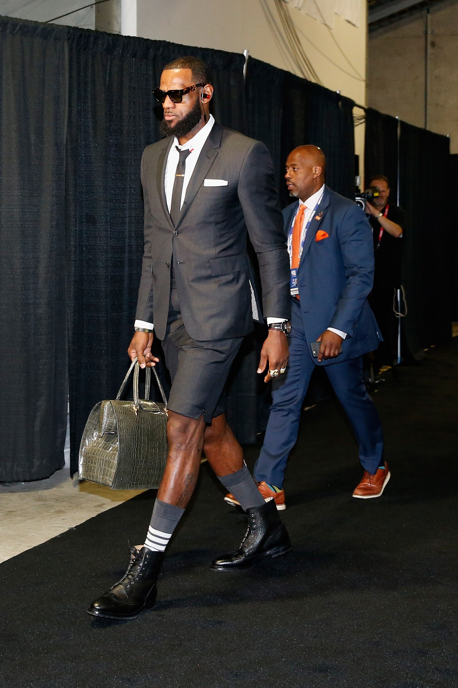 LeBron James arrives in Thom Browne for Game 1 of the 2018 NBA Finals at Oracle Arena in Oakland, California. Photographer: Lachlan Cunningham/Getty Images North America
