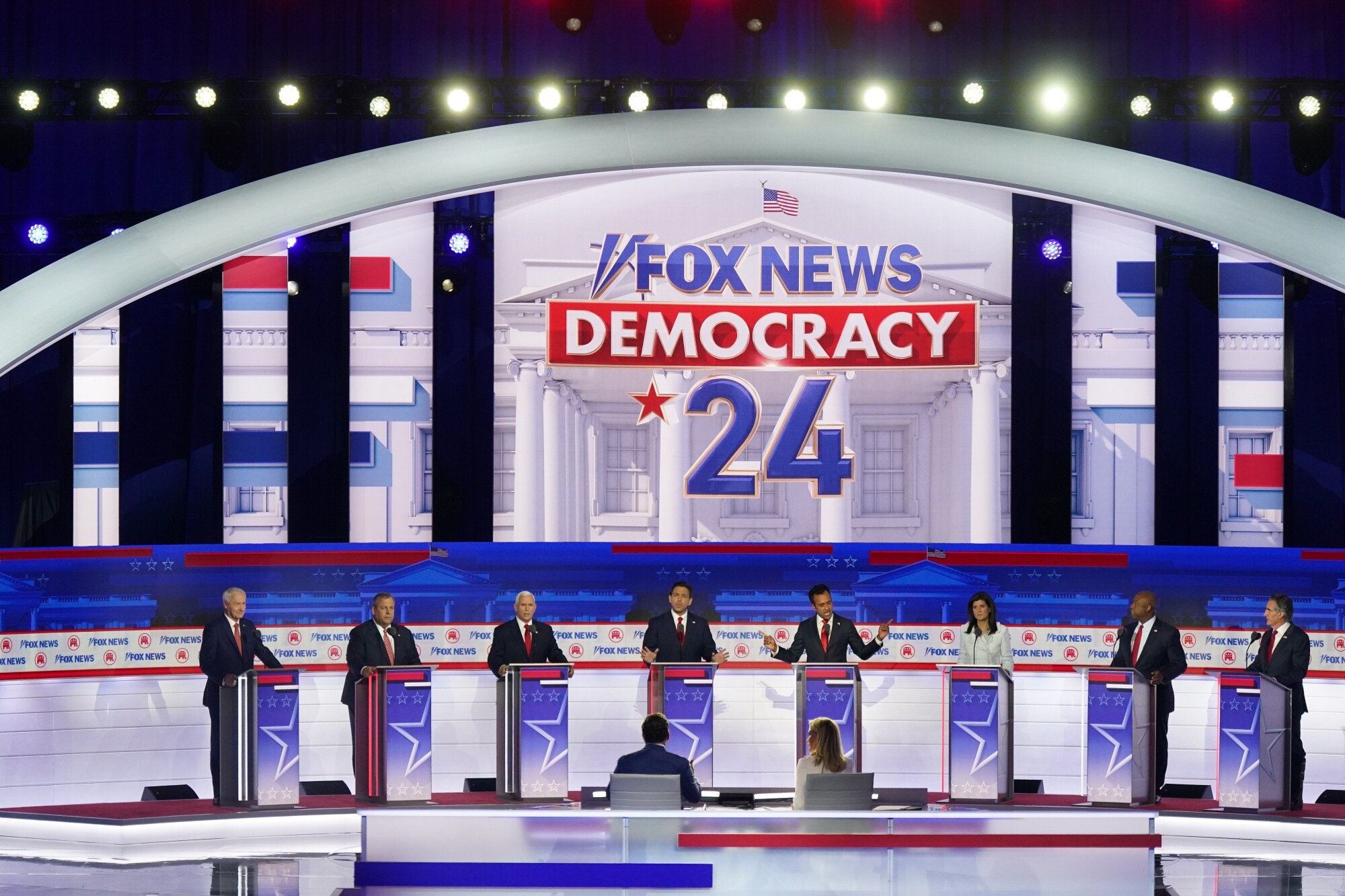 2024 Republican presidential candidates hold first debate hosted by Fox News in Milwaukee, Wisconsin, US, on Wednesday, Aug. 23, 2023. Photographer: Al Drago/Bloomberg
