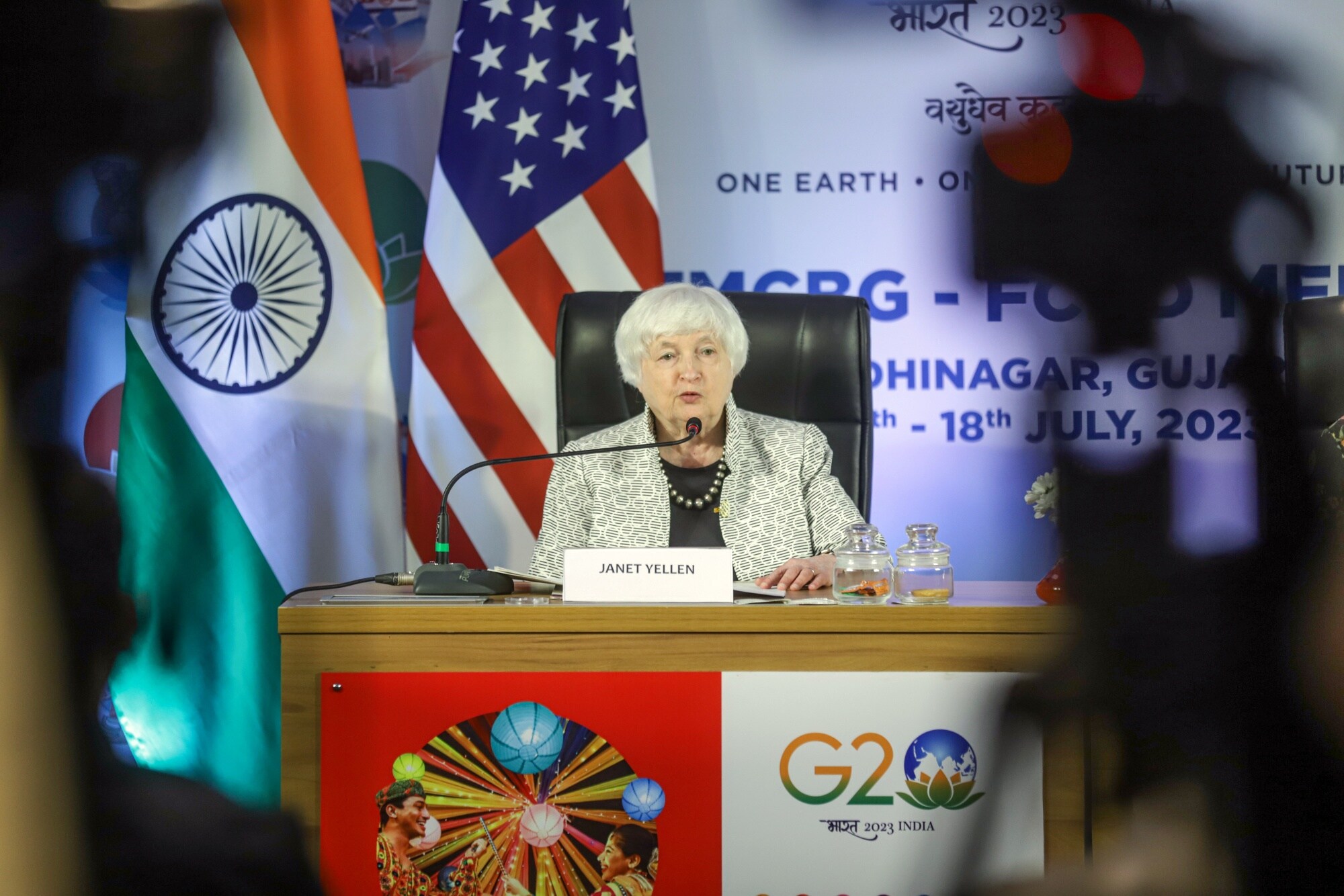 Janet Yellen at the G-20 finance ministers and central bank governors meeting in Gandhinagar, India, on July 17.Photographer: Dhiraj Singh/Bloomberg