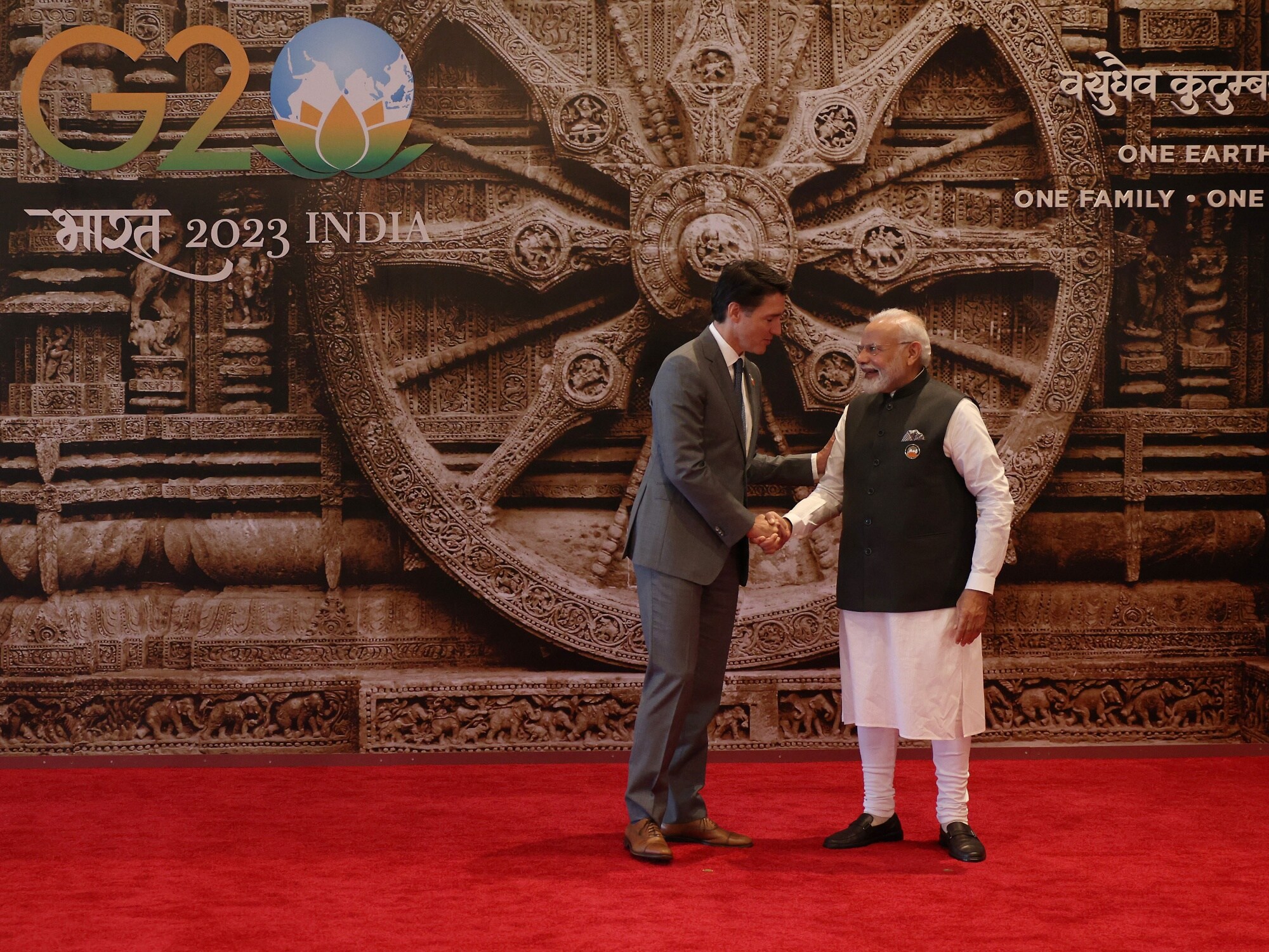 Narendra Modi, right, with Justin Trudeau at the G20 Leaders' Summit in New Delhi on Sept. 9.Photographer: Dan Kitwood/Getty Images