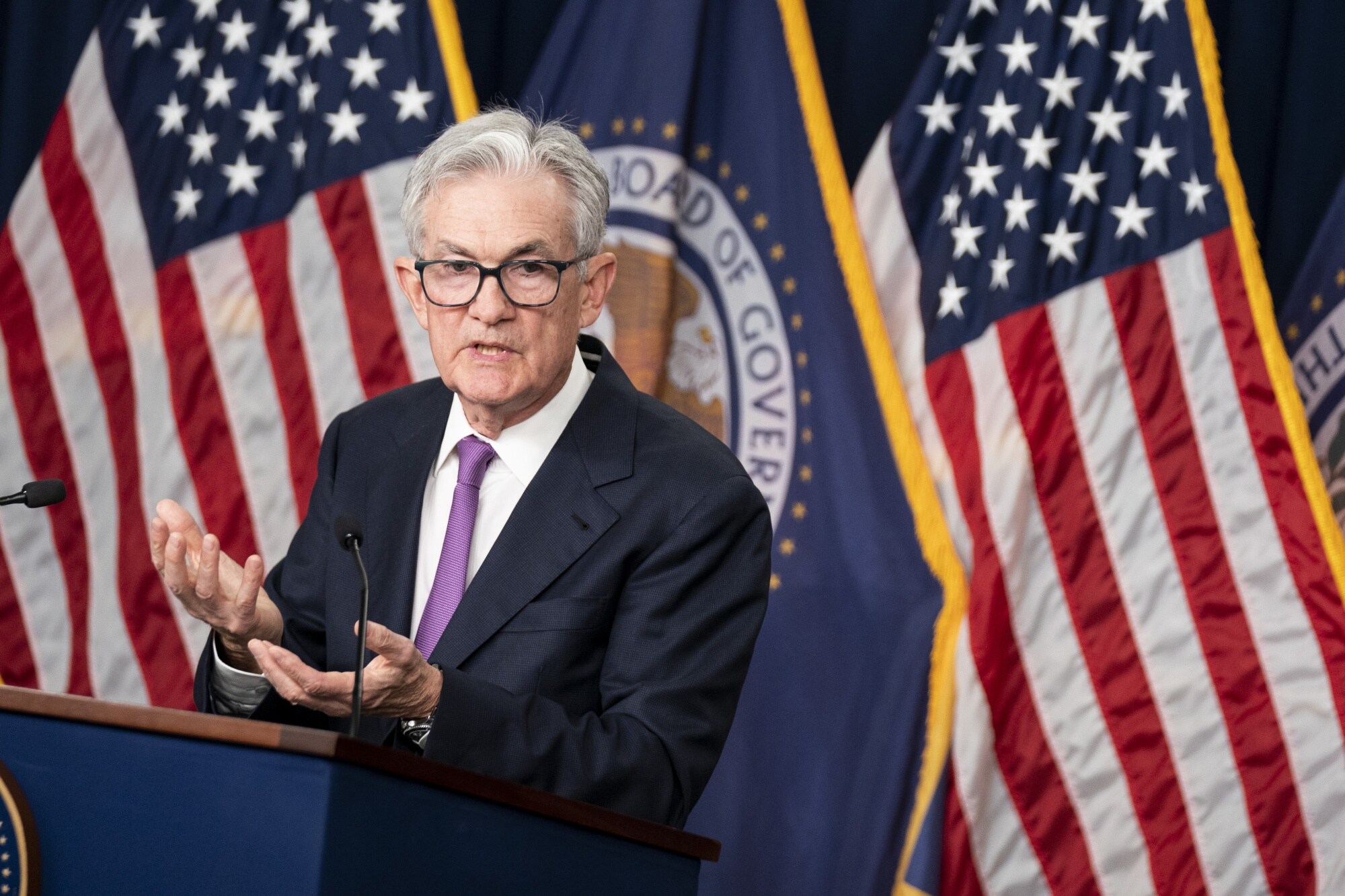 Jerome Powell, chair of the Federal Reserve, during a news conference on Sept. 20, 2023. Photographer: Sarah Silbiger/Bloomberg