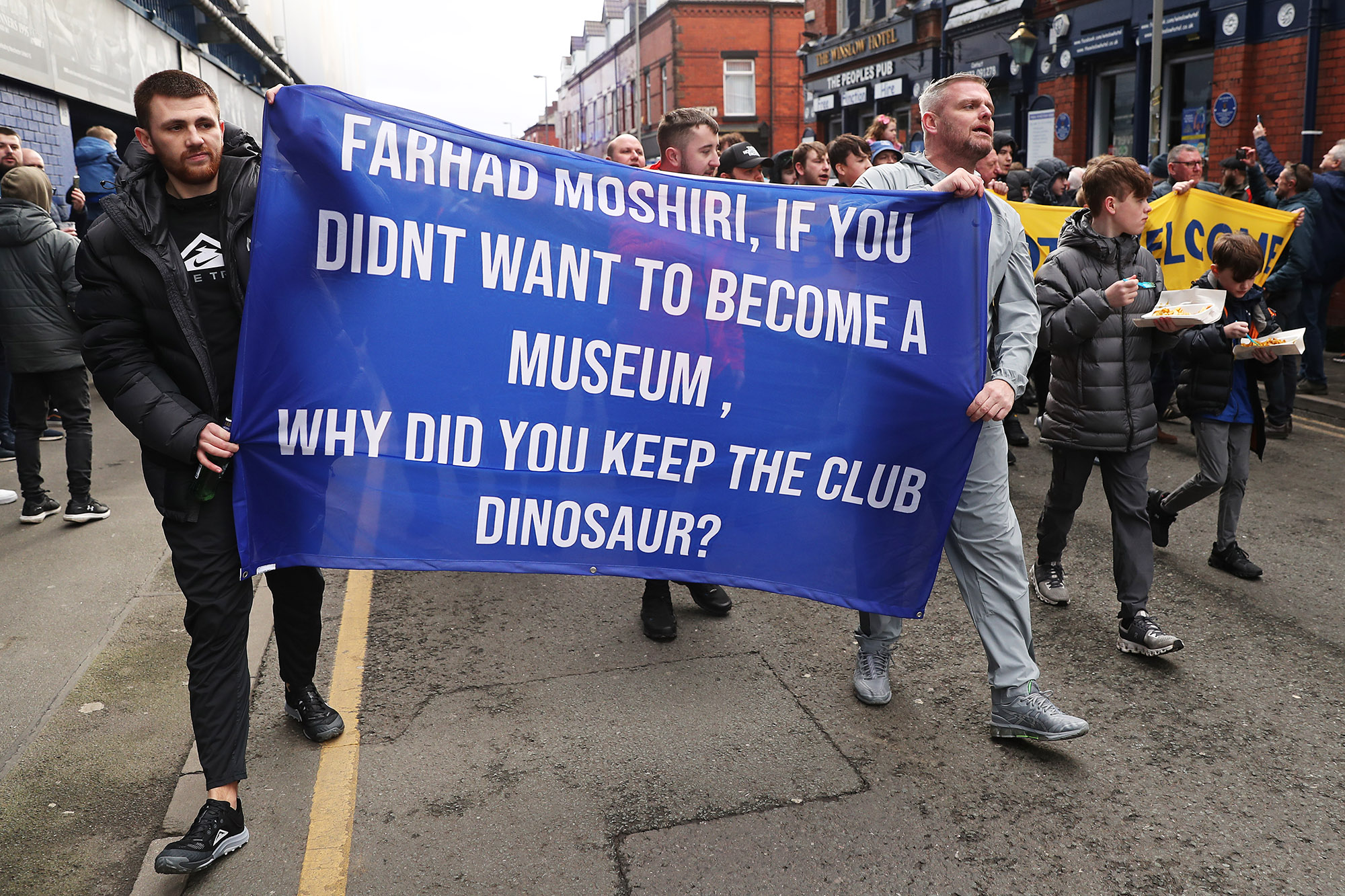 Everton fans protest against Farhad Moshiri prior to a Premier League match in Liverpool, UK, on Feb. 18, 2023.Photographer: Lewis Storey/Getty Images