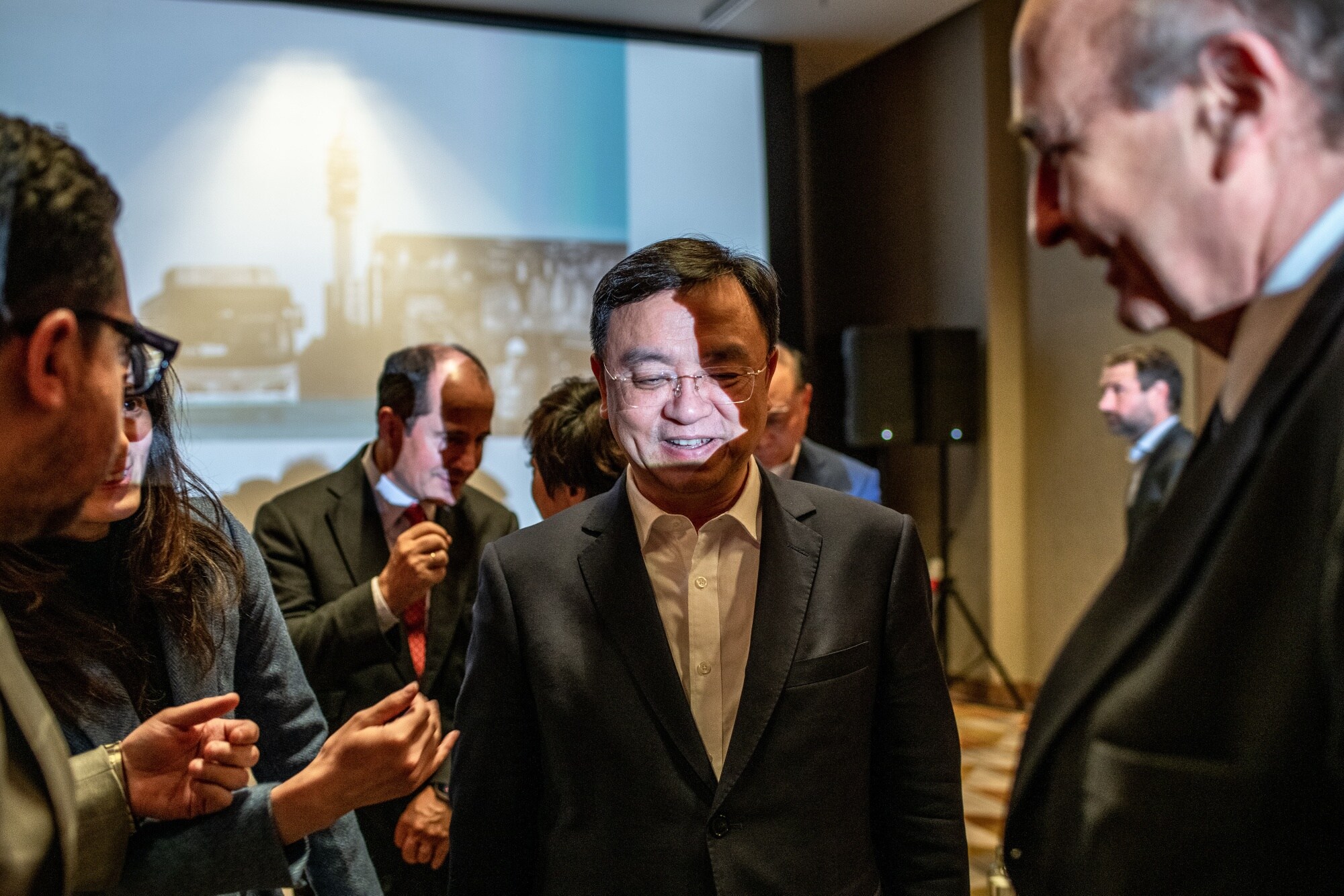 BYD's Wang Chuanfu greeting attendees at an event in Santiago on Oct. 6.Photographer: Cristobal Olivares/Bloomberg