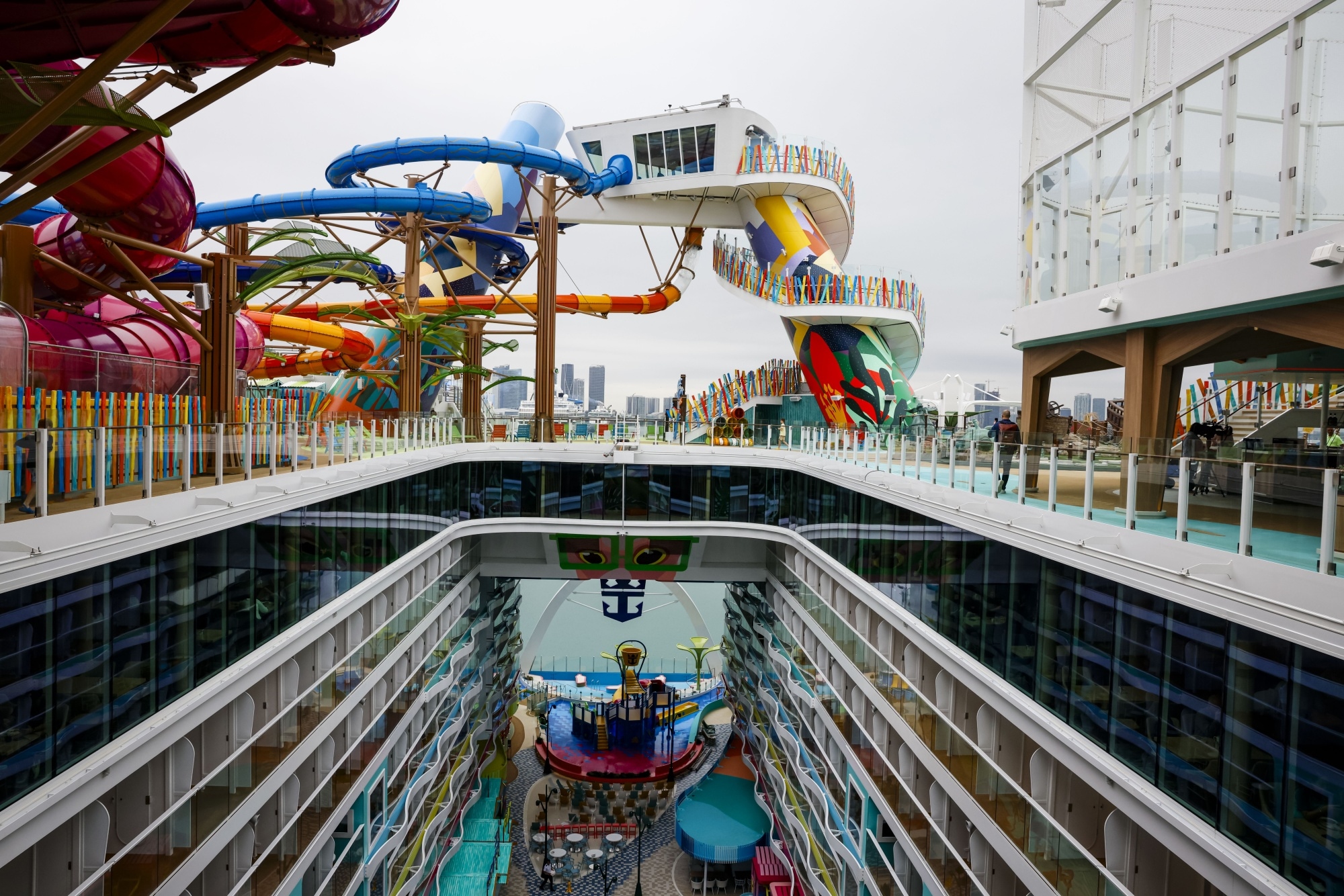 Water slides at the Thrill Island waterpark onboard the.Photographer: Eva Marie Uzcategui/Bloomberg